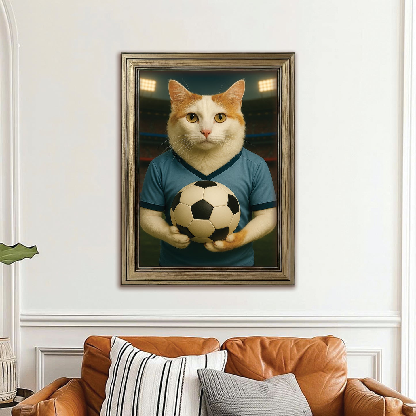 Custom Photo Soccer Cat Canvas Framed Wall Art Gift For Cat Lovers
