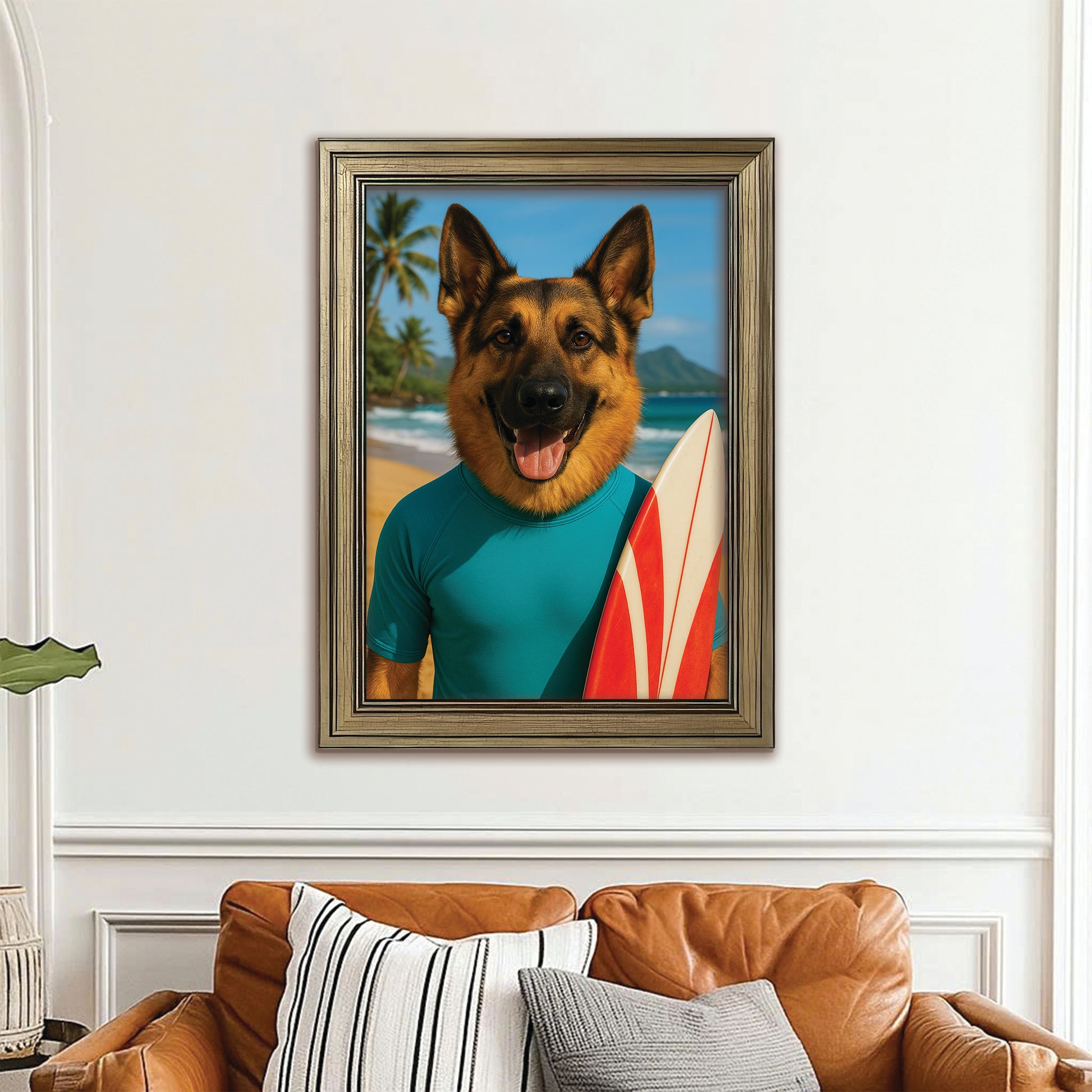 Custom Photo Surfer Beach Dog Canvas Framed Wall Art Gift For Dog Lovers