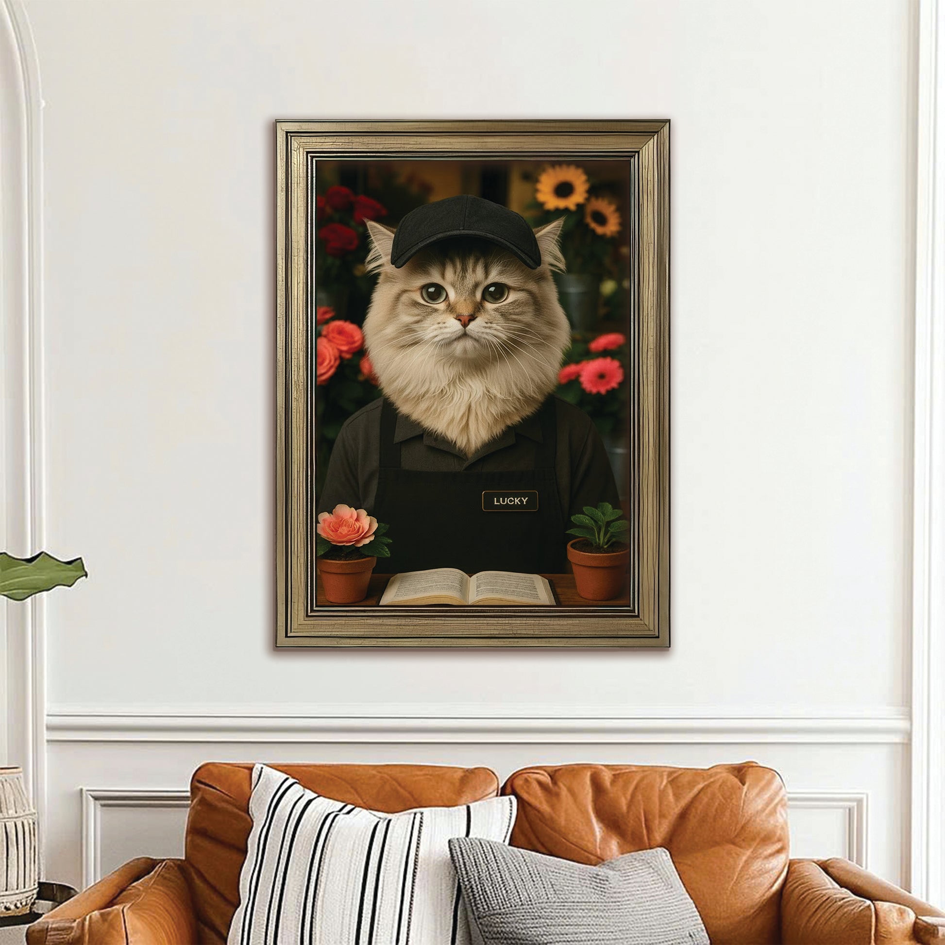 Custom Photo Flower Shop Florist Cat Canvas Framed Wall Art  Gift For Cat Lovers
