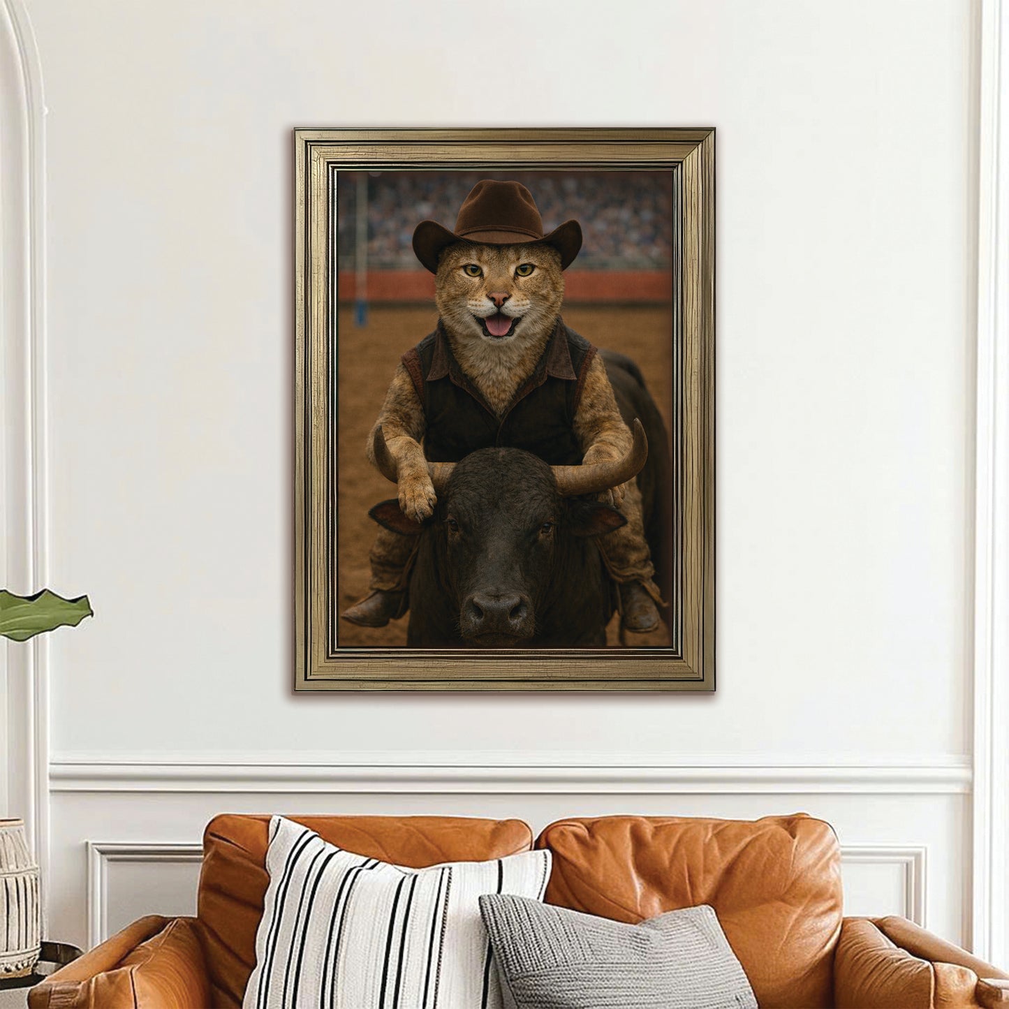 Custom Photo Bull Rider Cowboy Cat Canvas Framed Wall Art Gift For Cat Lovers