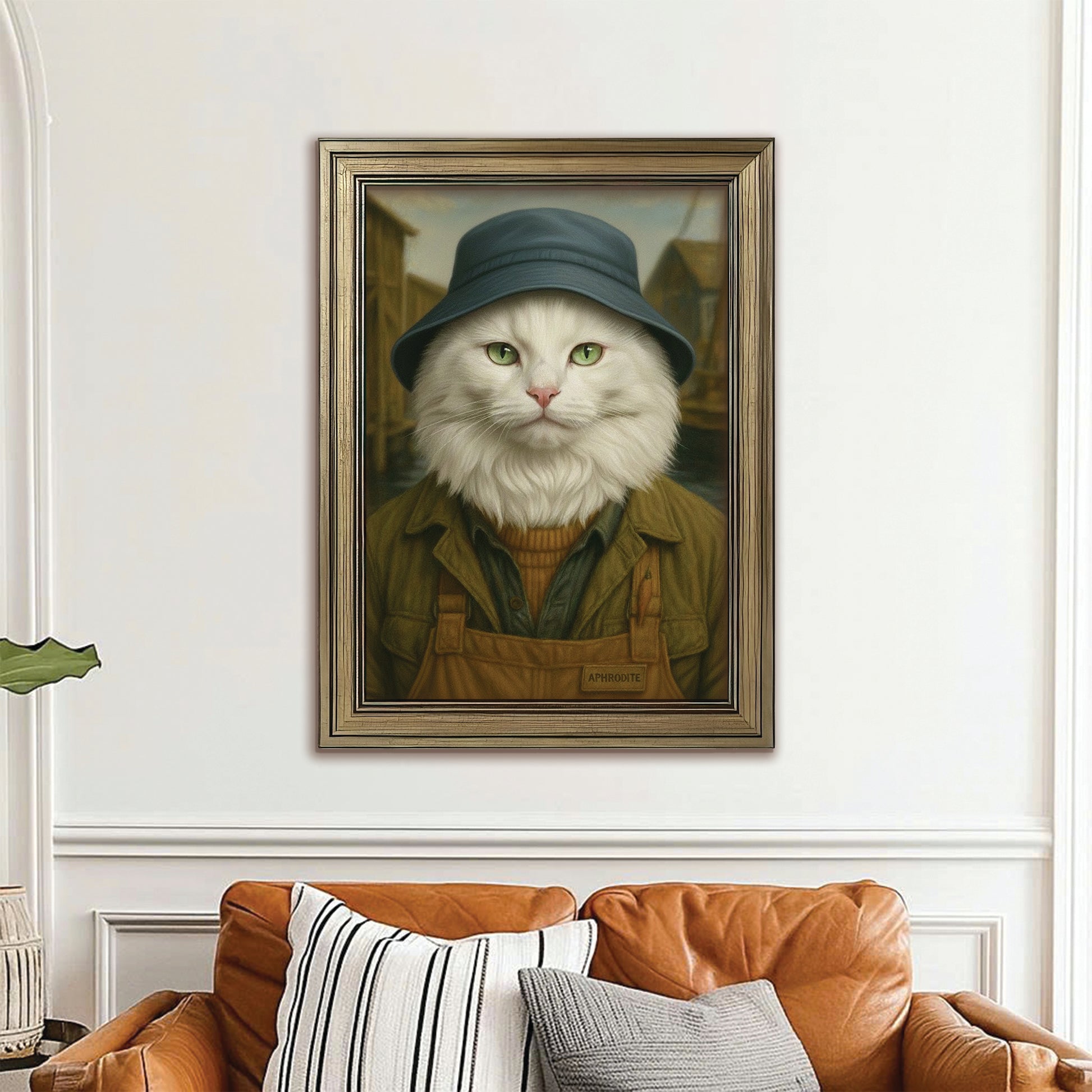Custom Photo Fisherman Cat Canvas Framed Wall Art  Gift For Cat Lovers
