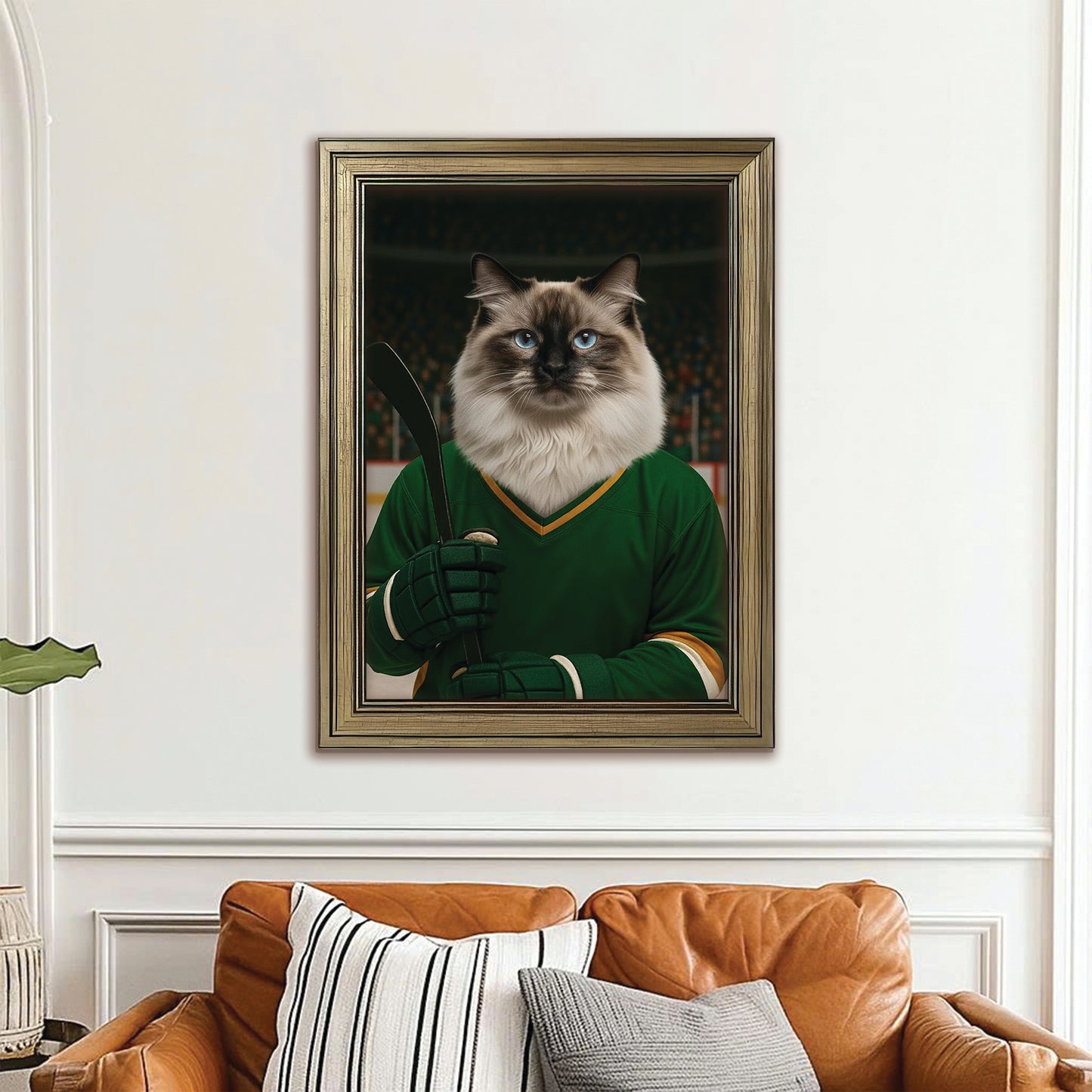 Custom Photo Hockey Player Cat Canvas Framed Wall Art  Gift For Cat Lovers