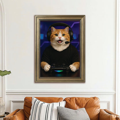 Custom Photo Gamer Cat Canvas Framed Wall Art  Gift For Cat Lovers
