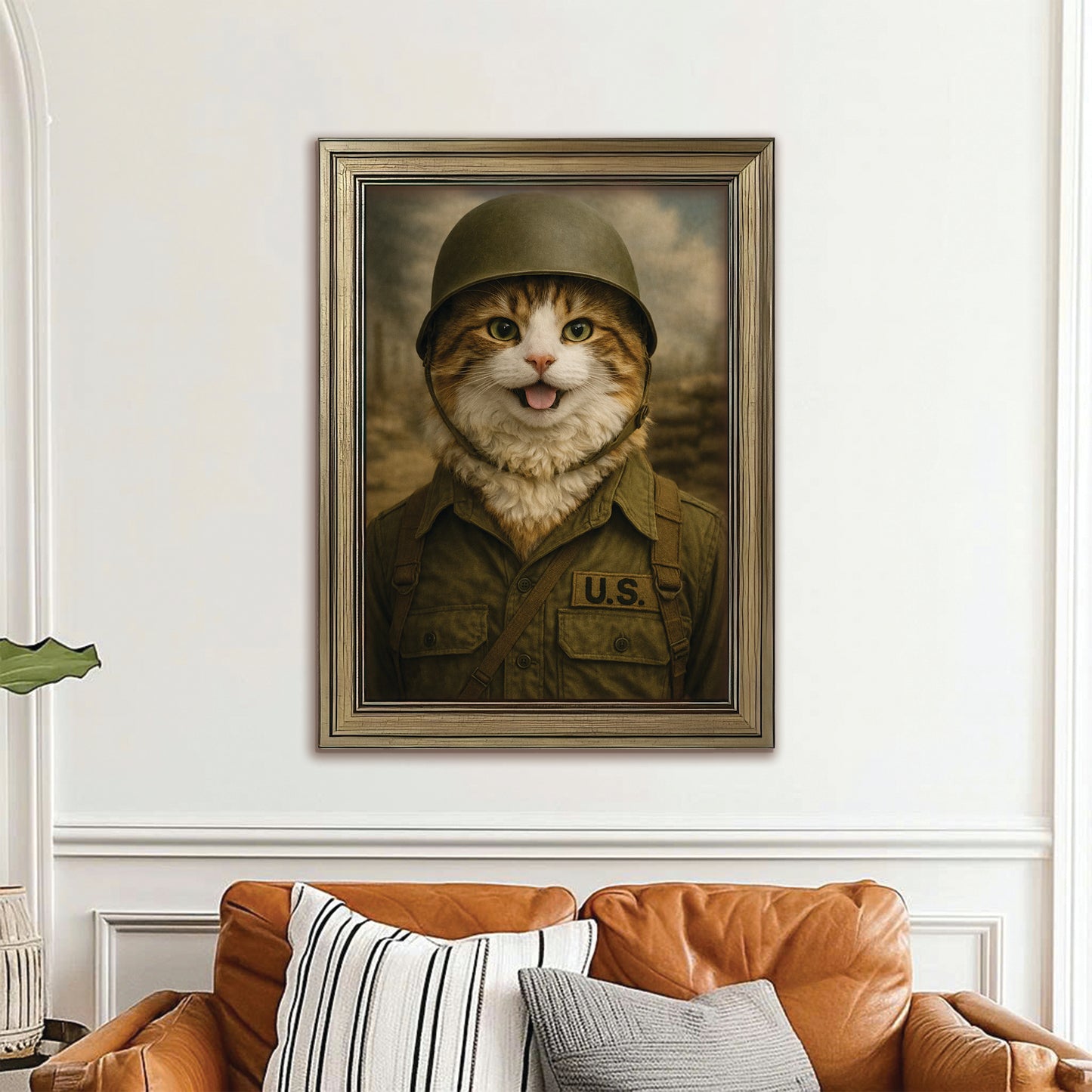 Custom Photo Military Cat Canvas Framed Wall Art  Gift For Cat Lovers