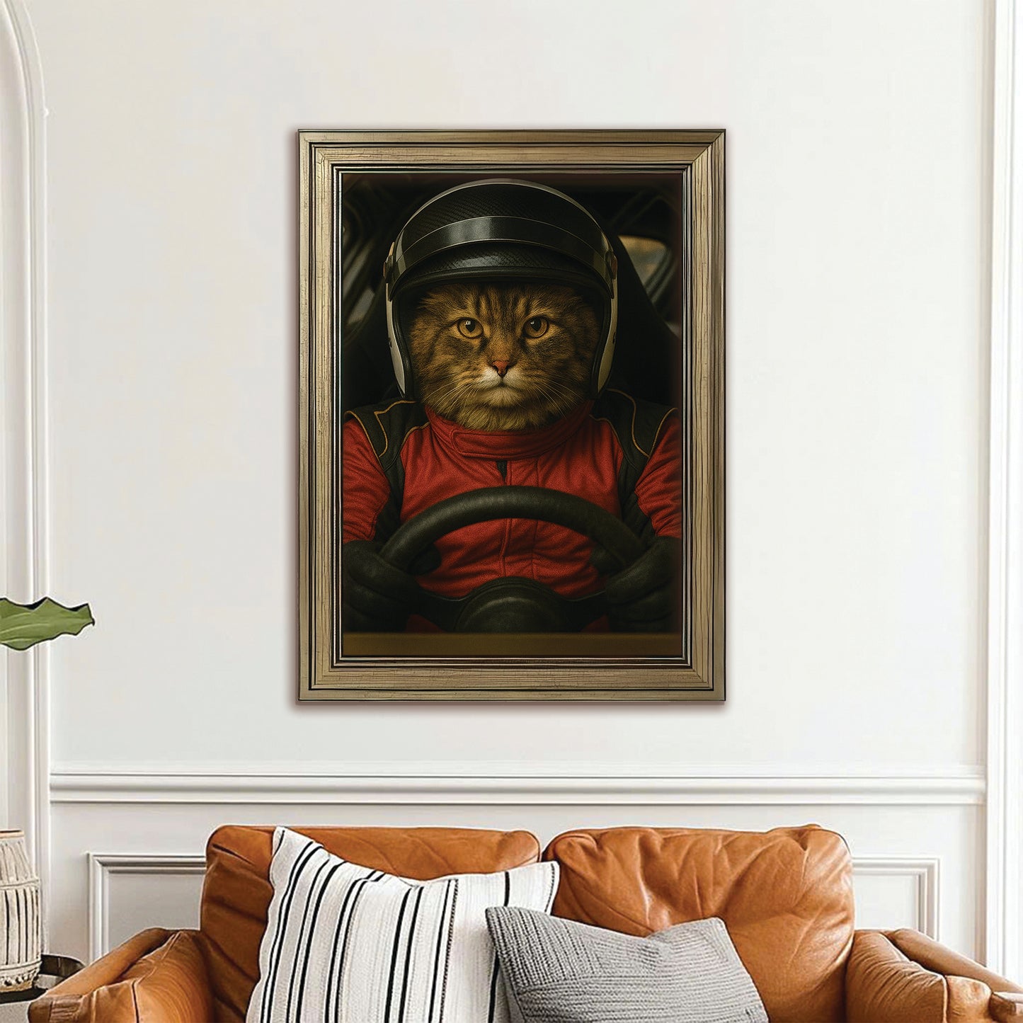 Custom Photo Racing Driver Cat Canvas Framed Wall Art Gift For Cat Lovers