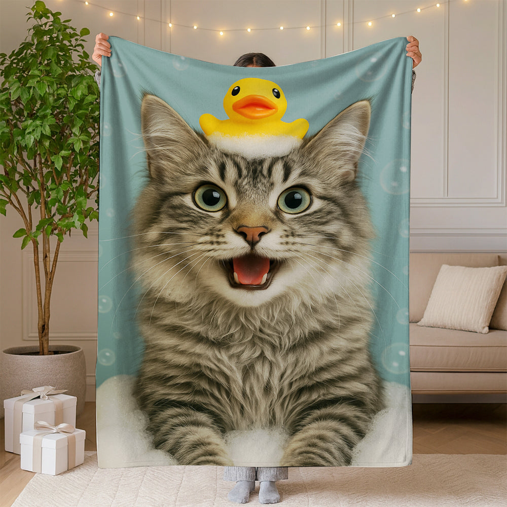 Custom Photo Cat In Bathtub With Duck Toy Blanket