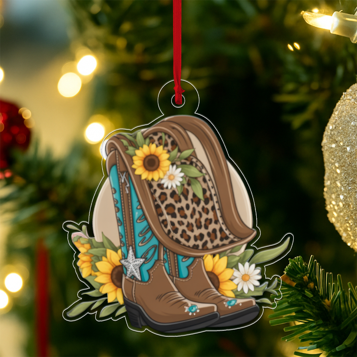 Custom Name Cowboy Boots And Hat Acrylic Ornament Christmas Gift