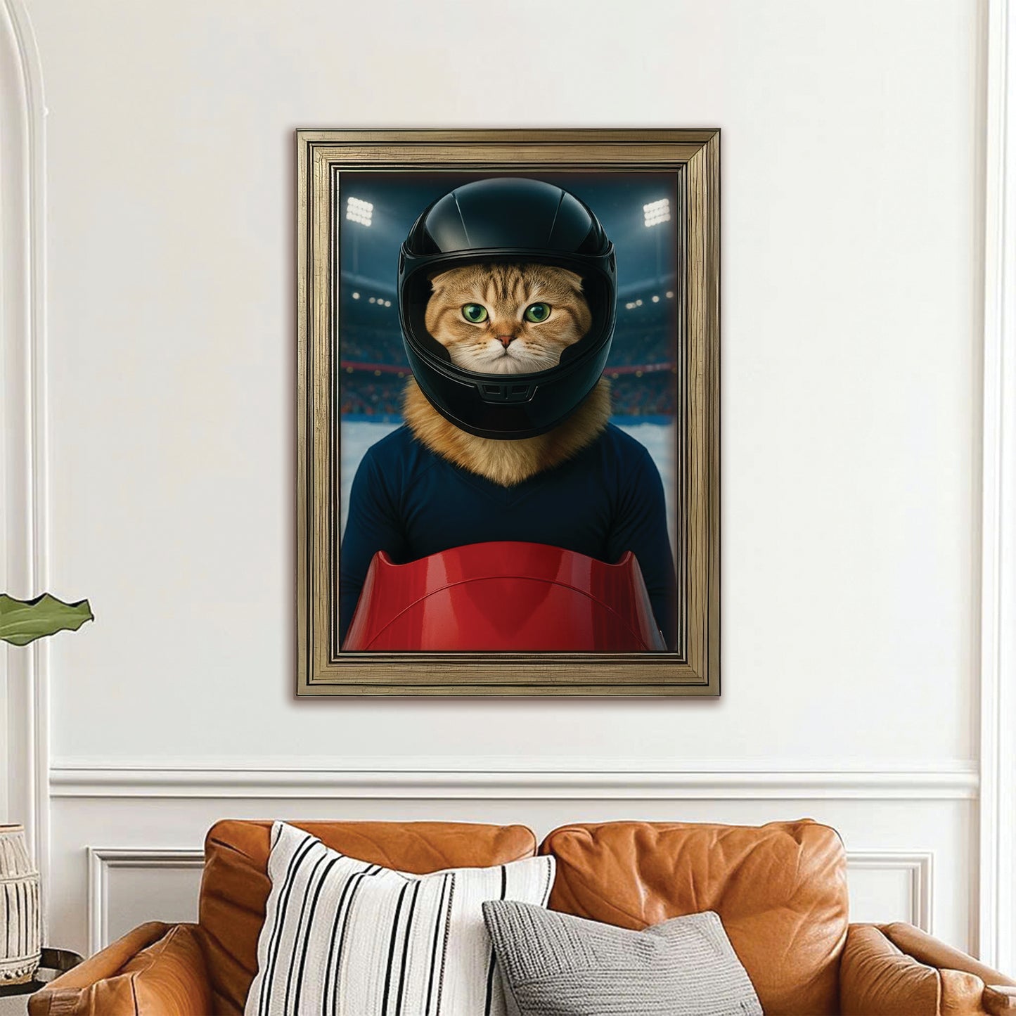 Custom Photo Bobsled Winter Race Cat Canvas Framed Wall Art Gift For Cat Lovers