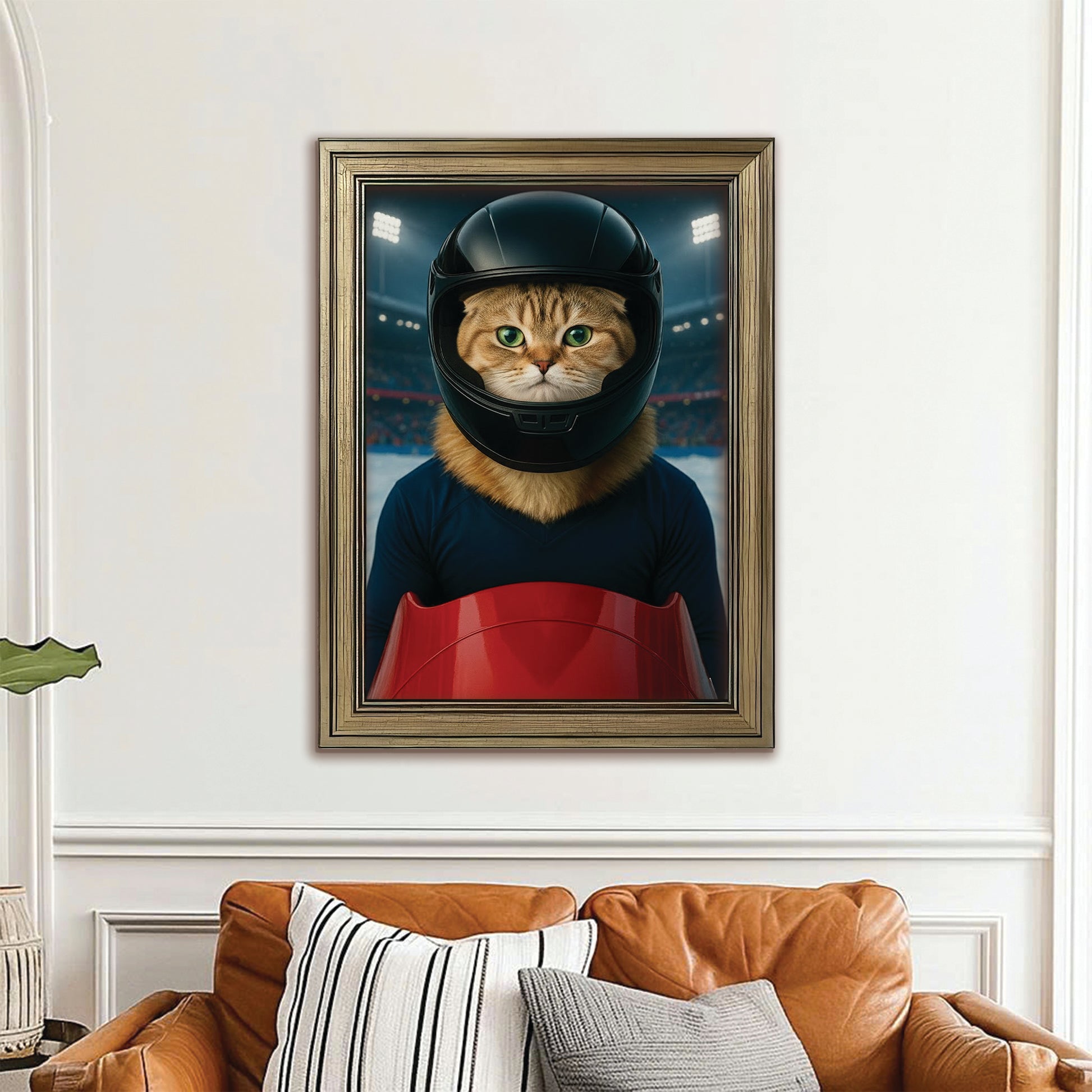Custom Photo Bobsled Winter Race Cat Canvas Framed Wall Art Gift For Cat Lovers