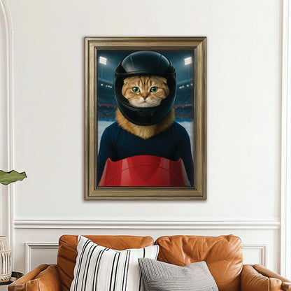 Custom Photo Bobsled Winter Race Cat Canvas Framed Wall Art Gift For Cat Lovers