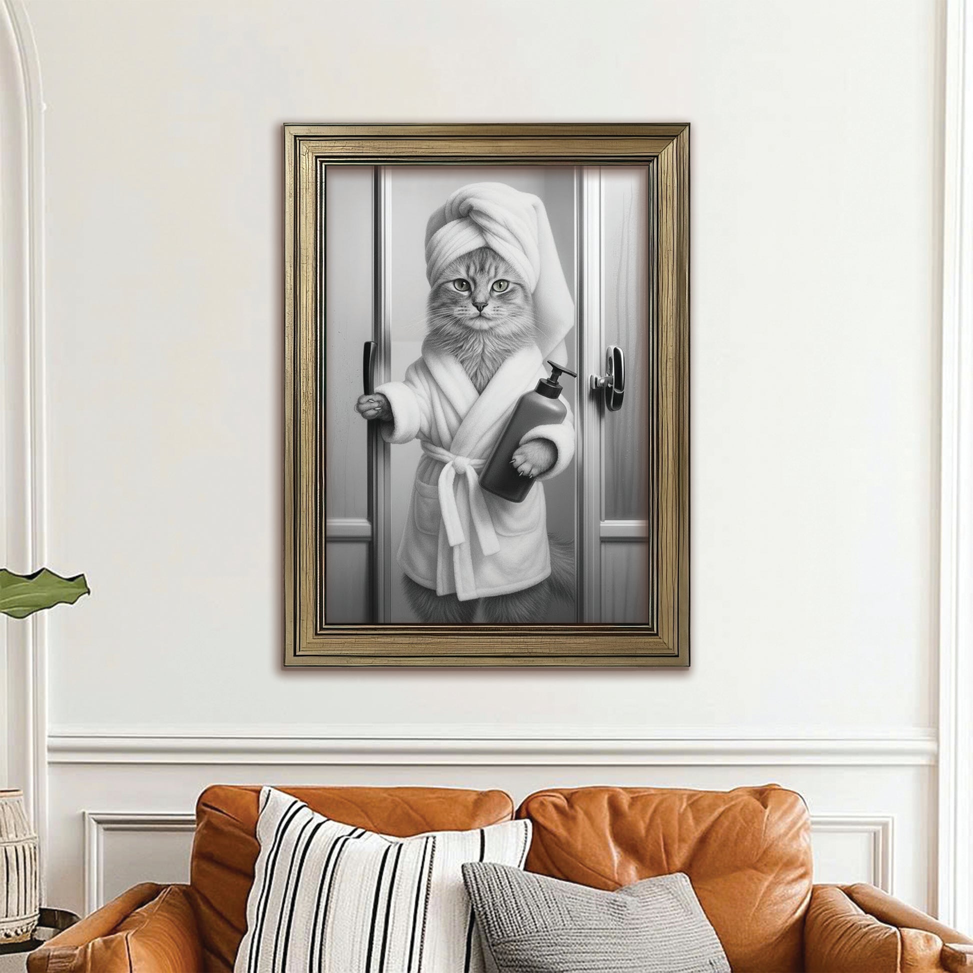 Custom Photo Cat Bathrobe Bathroom Canvas Framed Wall Art Gift For Cat Lovers