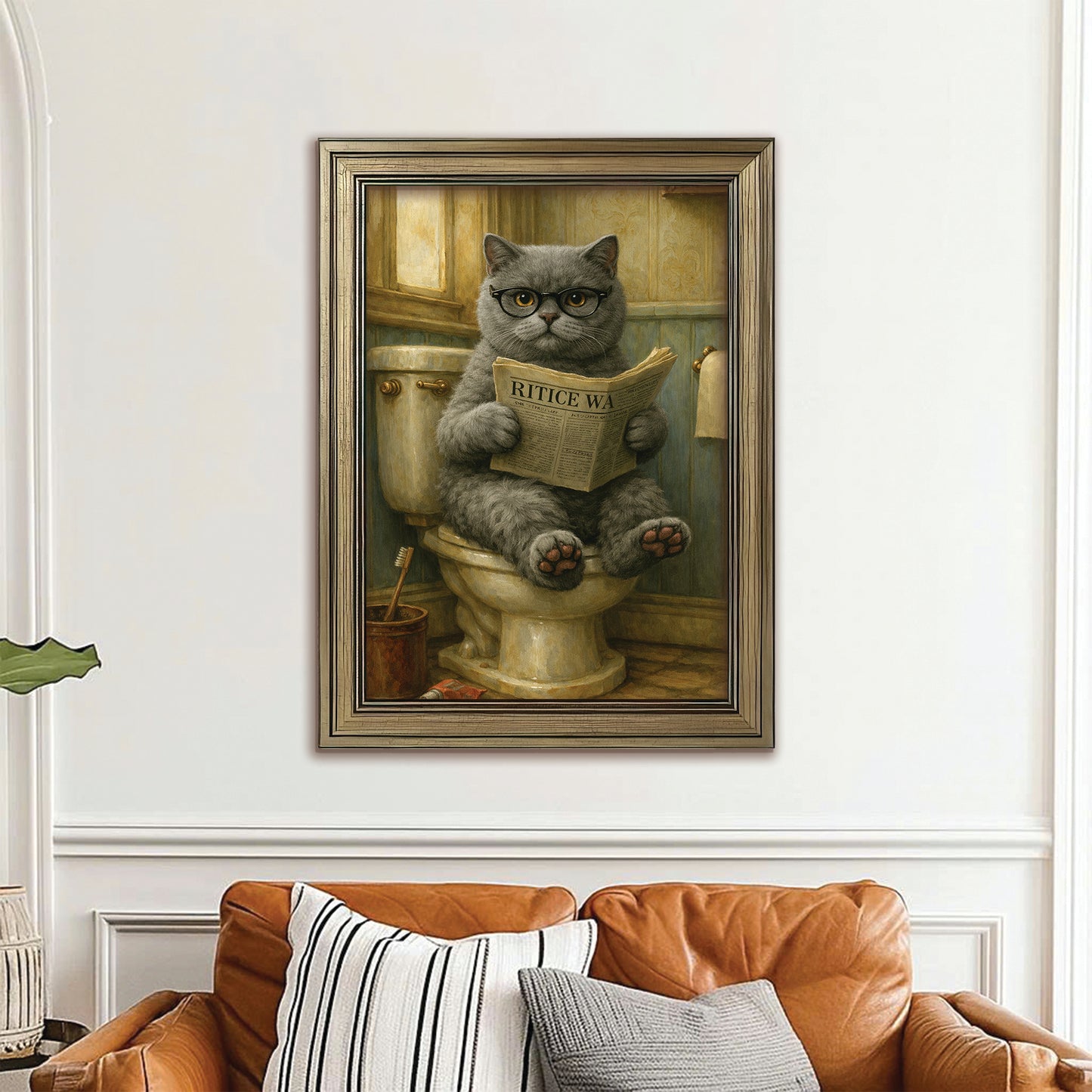 Custom Photo Cat In Bathroom Canvas Framed Wall Art Gift For Cat Lovers
