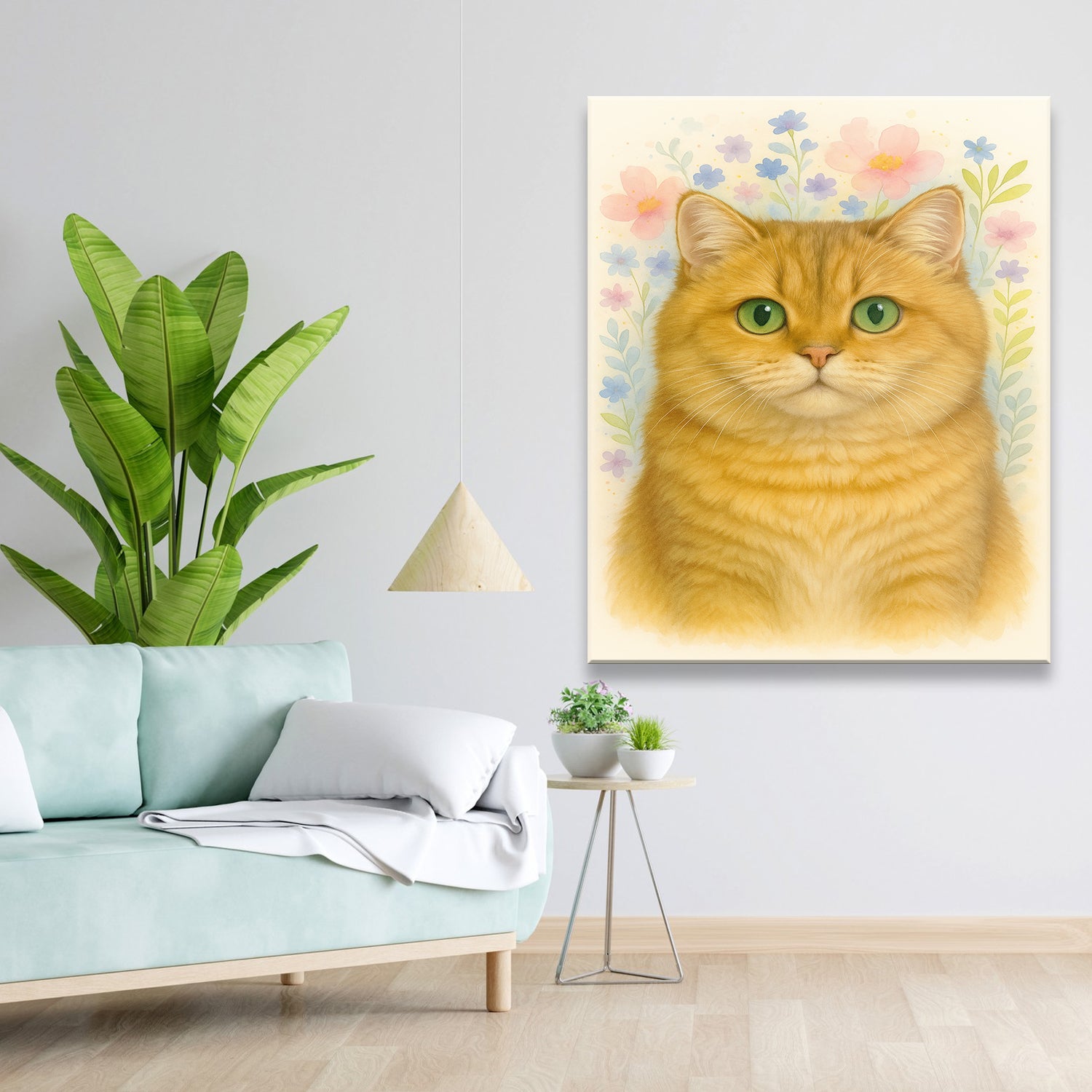 Custom Photo Cat Floral Watercolor Art Canvas