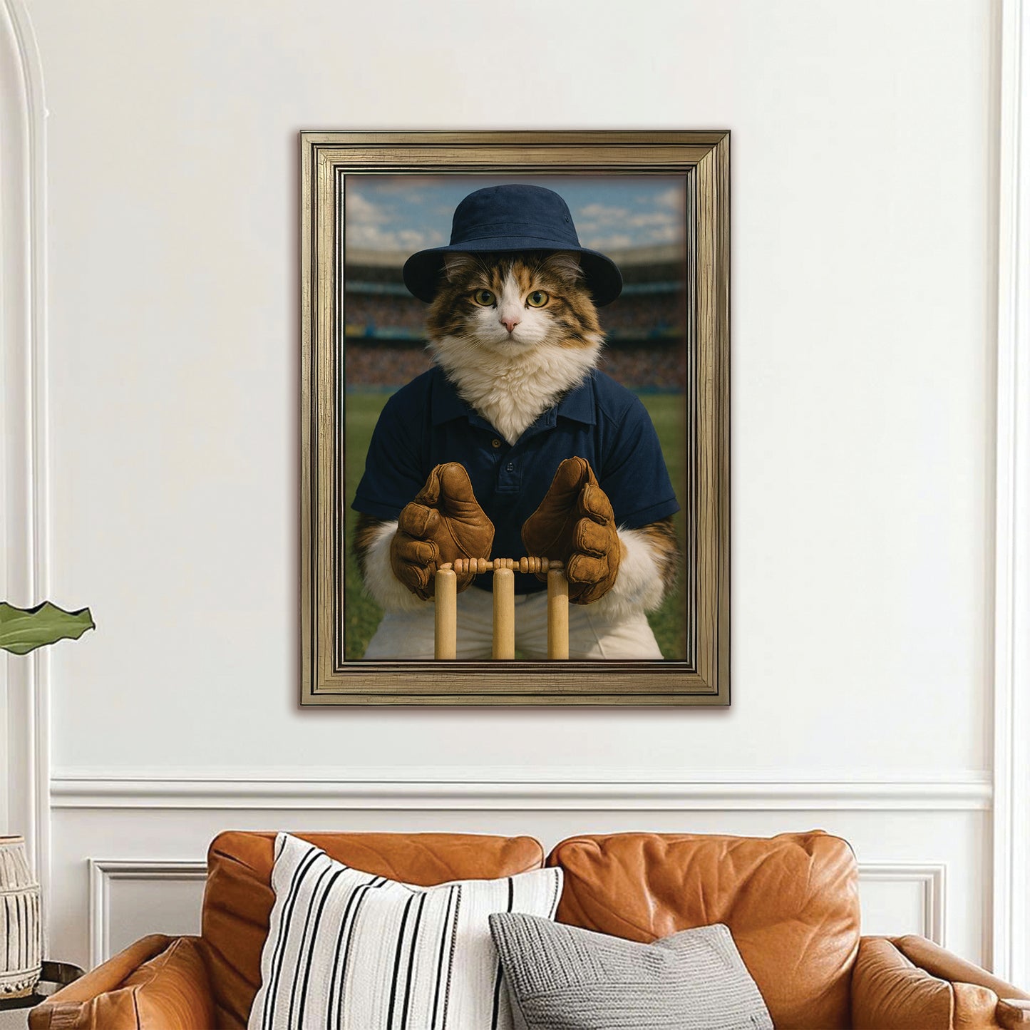 Custom Photo Cricket Player Cat Canvas Framed Wall Art Gift For Cat Lovers