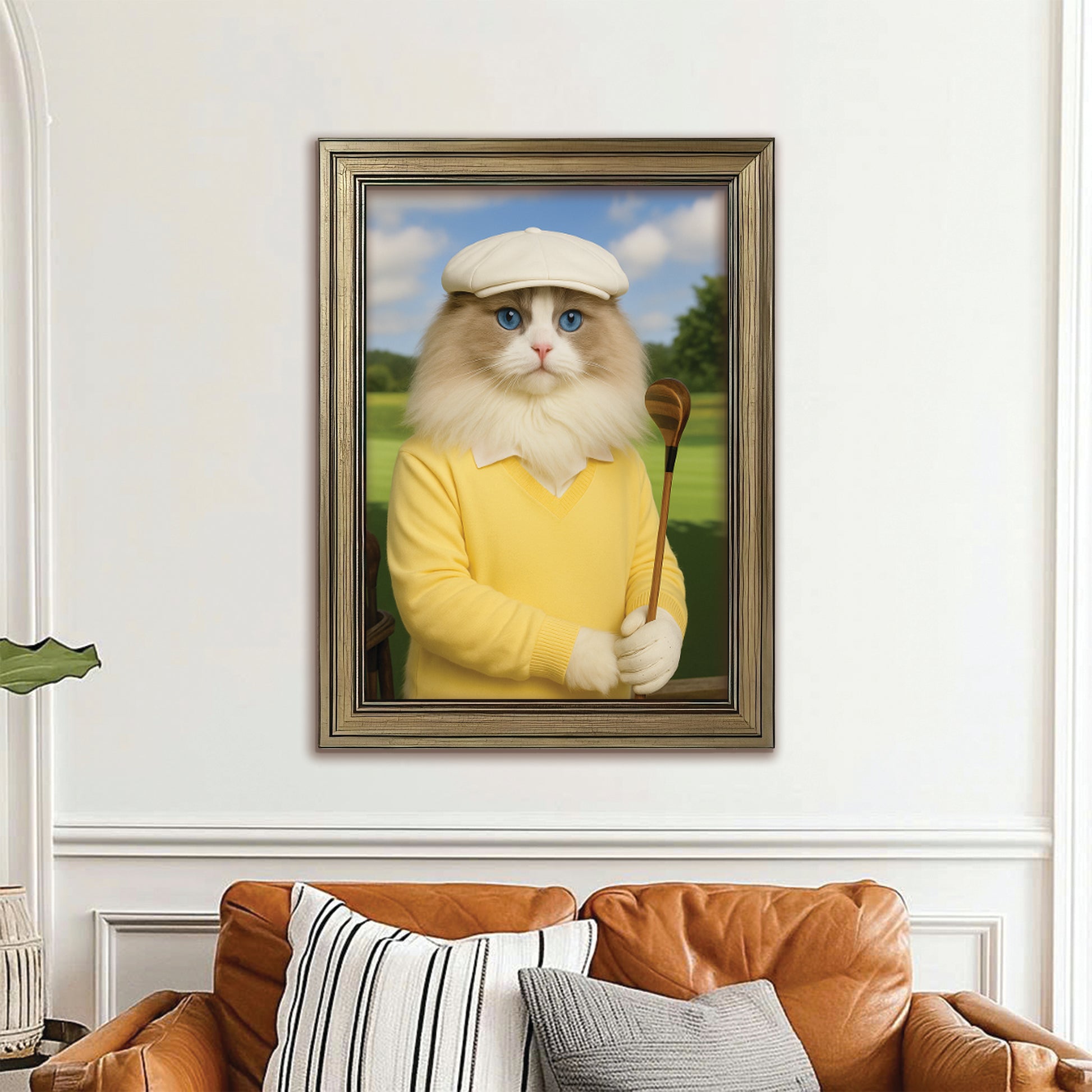Custom Photo Golfer Cat Canvas Framed Wall Art Gift For Cat Lovers
