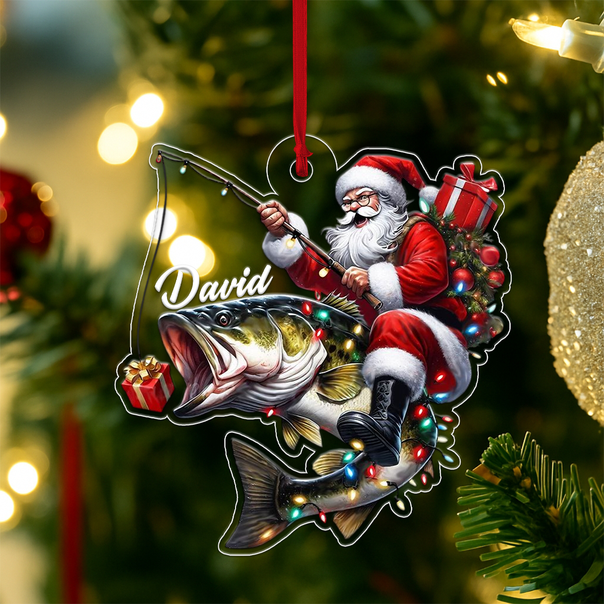 Custom Name Santa Fishing Acrylic Ornament Christmas Gift