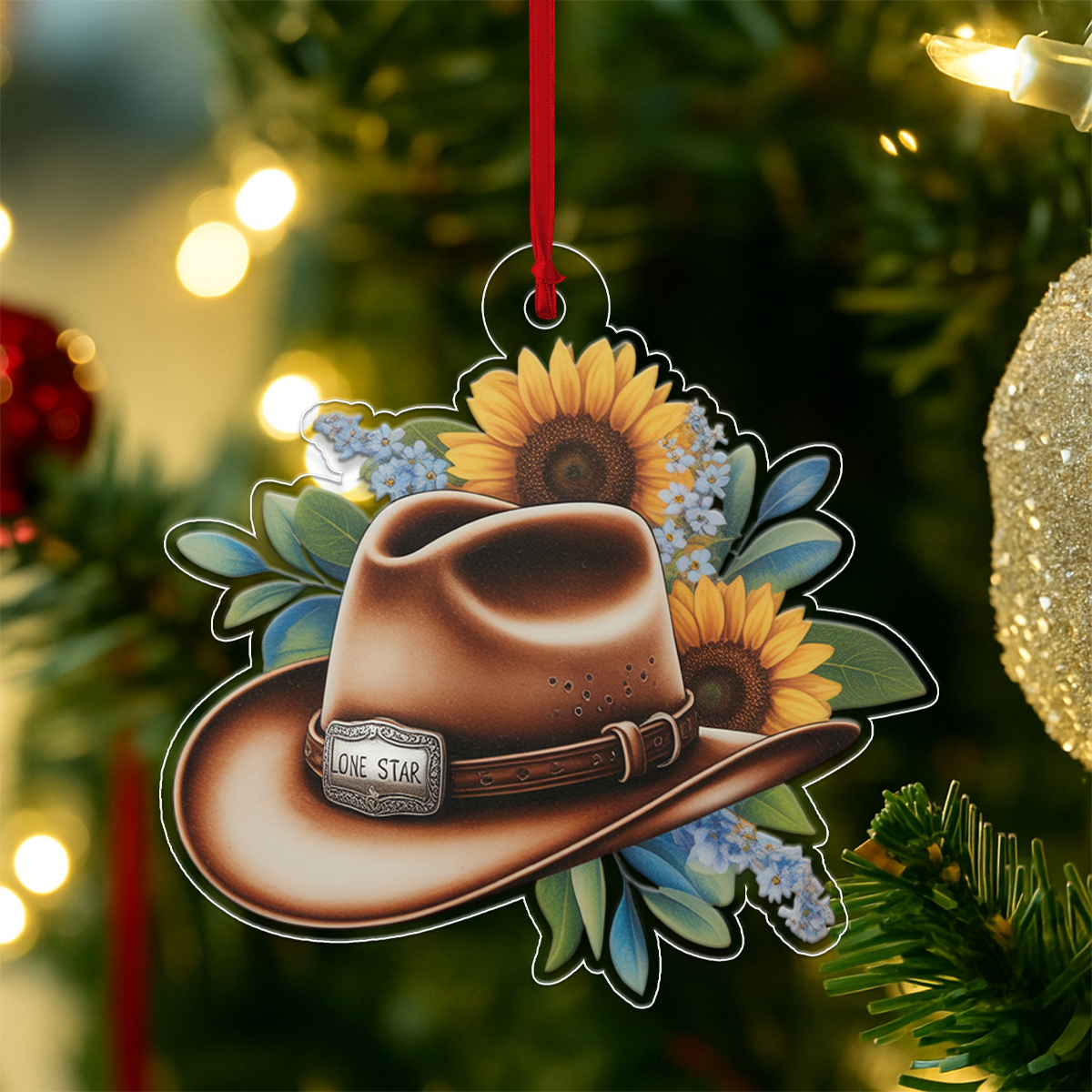 Custom Name Rustic Sunflower Cowboy Hat Acrylic Ornament Christmas Gift