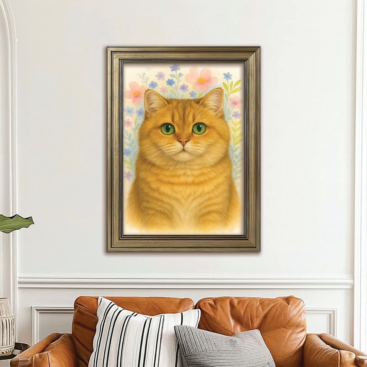 Custom Photo Cat Floral Watercolor Art Canvas Framed Wall Art