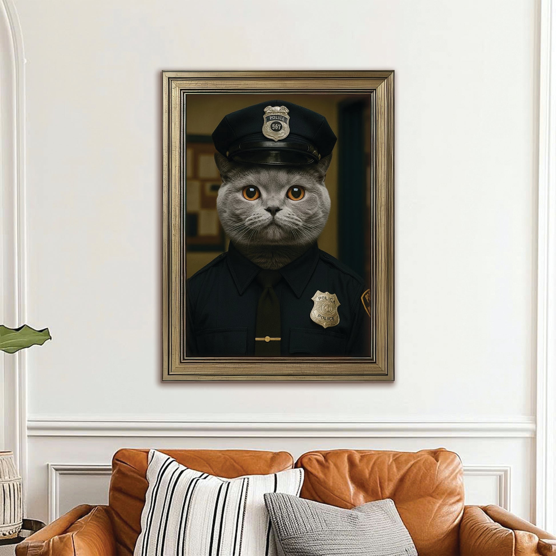 Custom Photo Police Cat Canvas Framed Wall Art  Gift For Cat Lovers