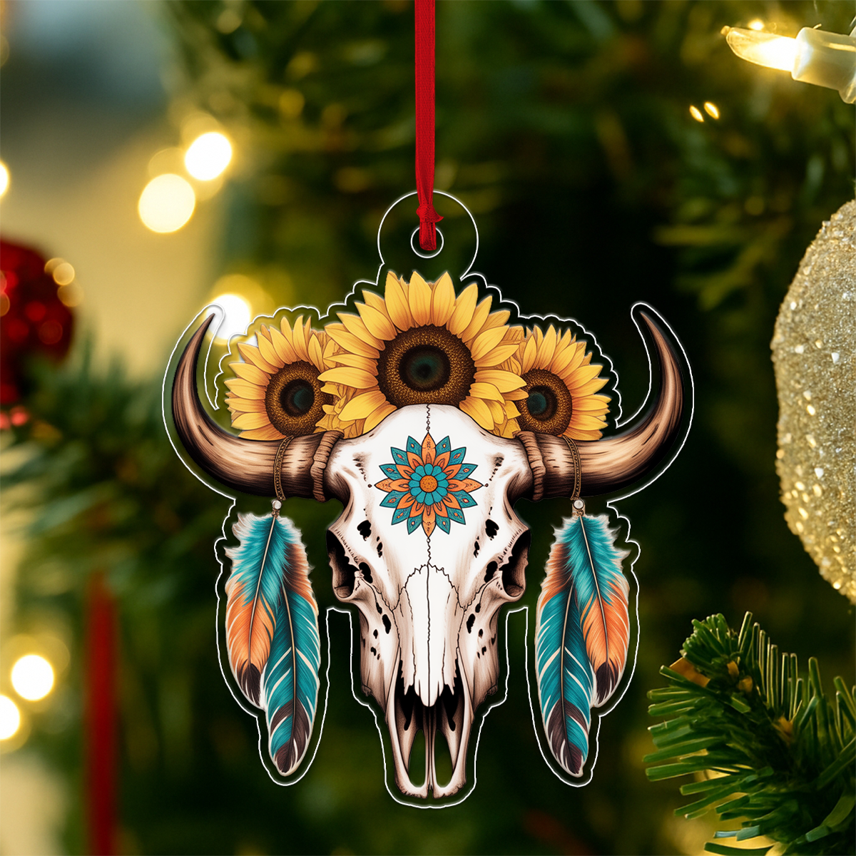 Personalized Bull Skull And Sunflower Acrylic Ornament Christmas Gift