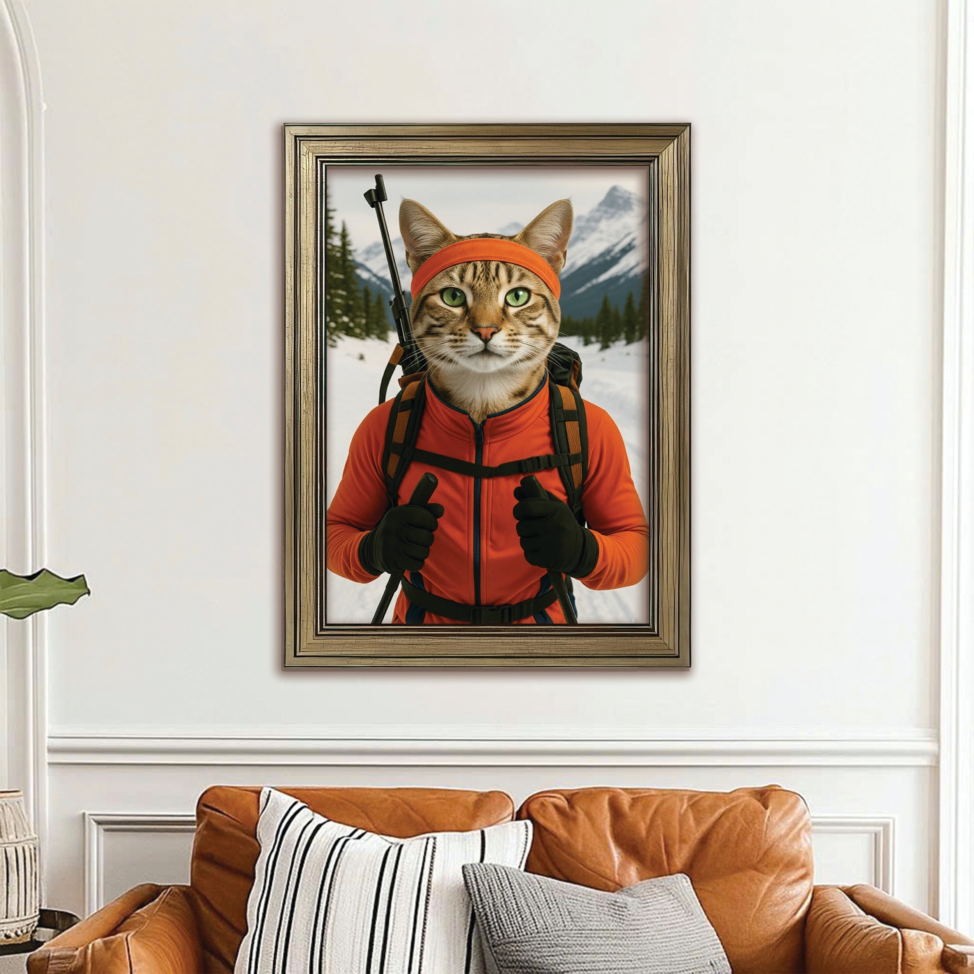 Custom Photo Biathlete Cross Country Skiing Cat Canvas Framed Wall Art Gift For Cat Lovers