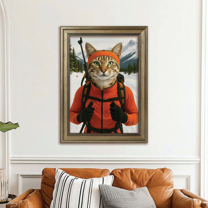Custom Photo Biathlete Cross Country Skiing Cat Canvas Framed Wall Art Gift For Cat Lovers