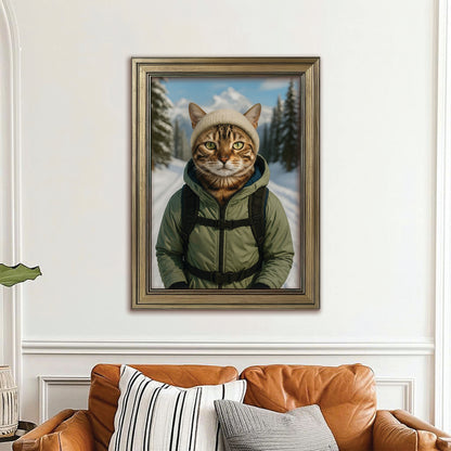 Custom Photo Winter Hiker Cat Canvas Framed Wall Art Gift For Cat Lovers