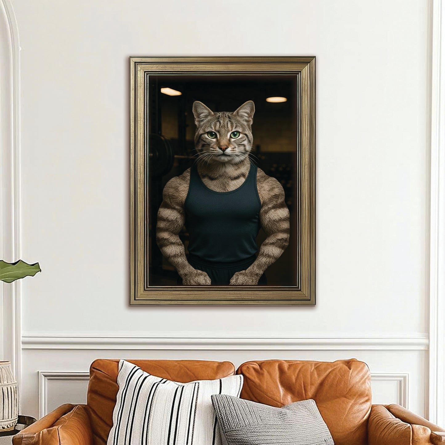Custom Photo Body Builder Cat Canvas Framed Wall Art Gift For Cat Lovers