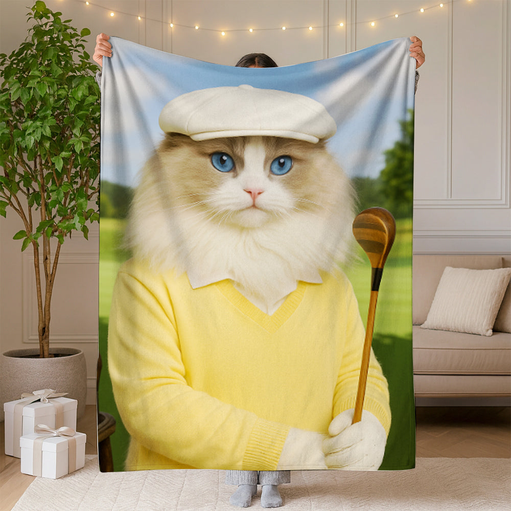 Custom Photo Golfer Cat Blanket Gift For Cat Lovers