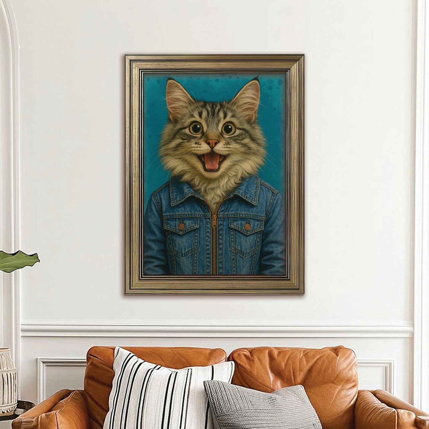 Custom Photo Denim Cat Canvas Framed Wall Art Gift For Cat Lovers