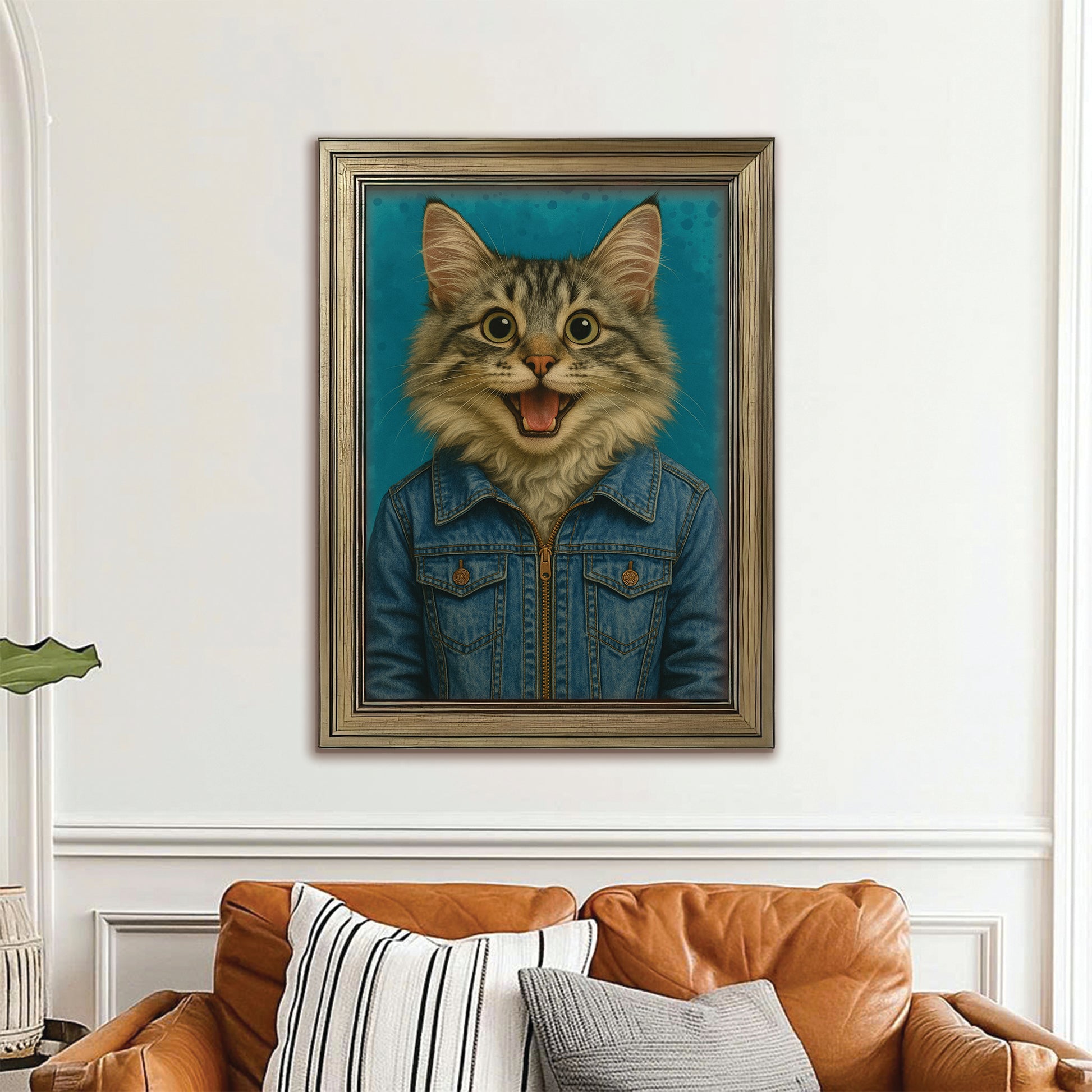Custom Photo Denim Cat Canvas Framed Wall Art Gift For Cat Lovers