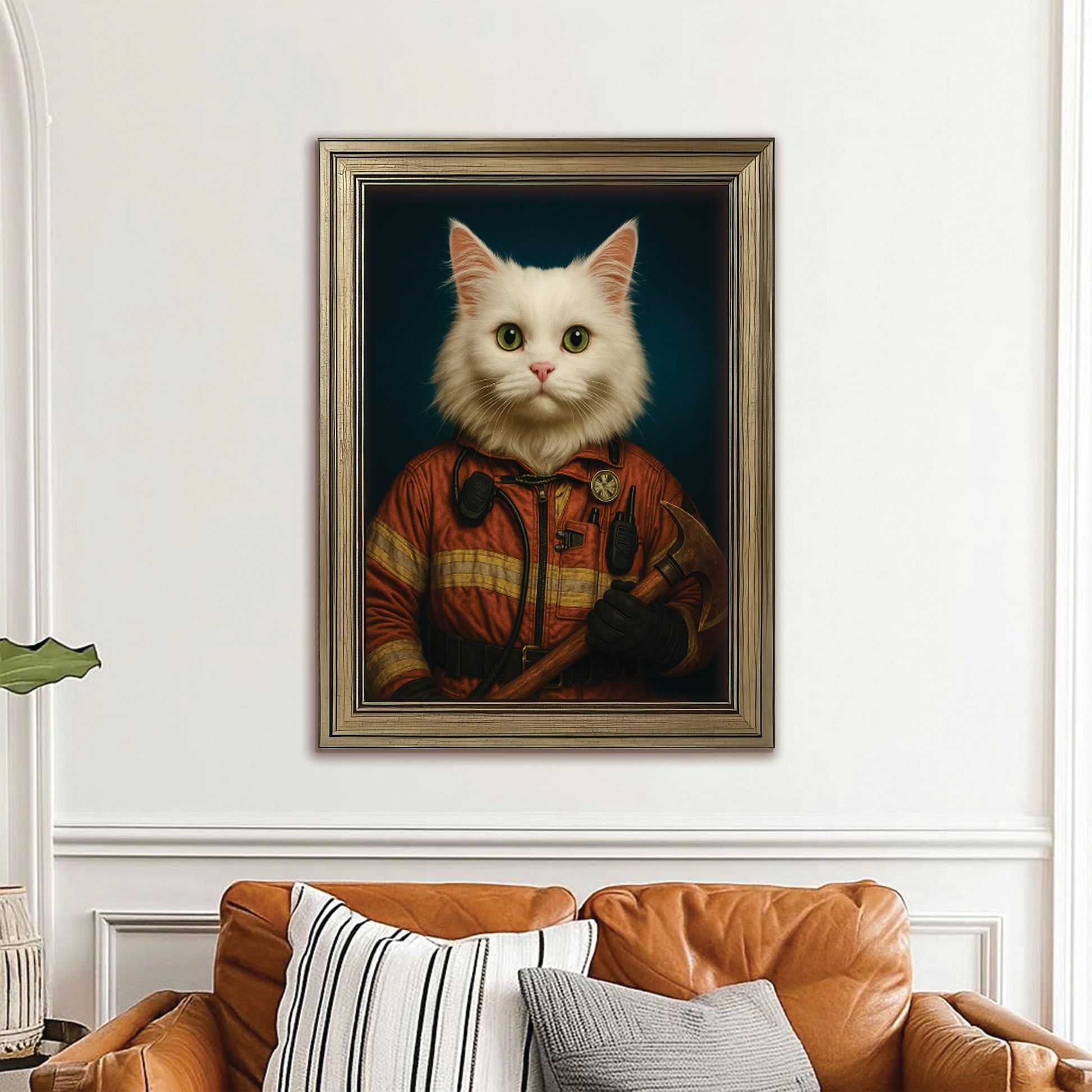 Custom Cat Photo Firefighter Canvas Framed Wall Art _ Gift For Cat Lovers