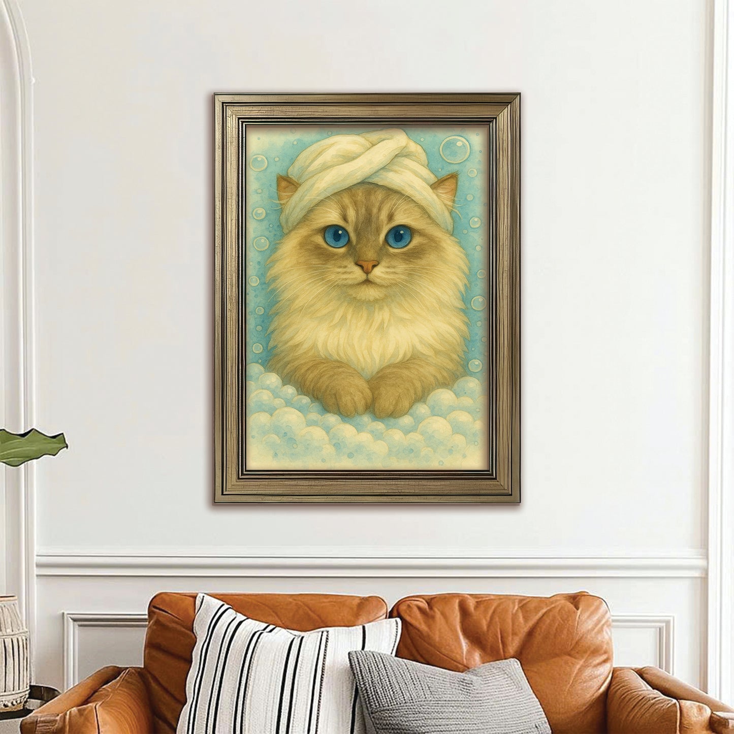 Custom Cat Potrait In Bathroom Canvas Framed Wall Art