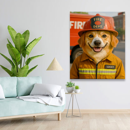 Custom Photo Fire Fighter Dog Canvas Gift For Dog Lovers