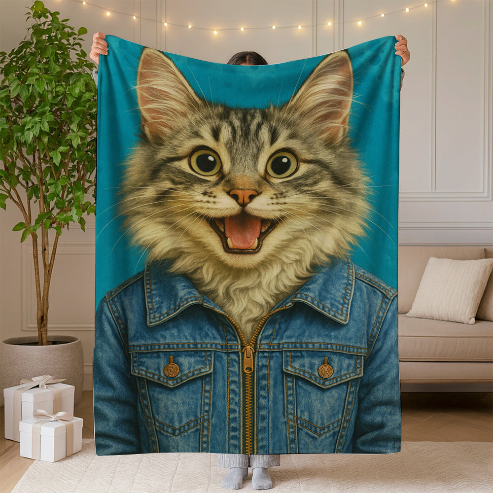 Custom Photo Denim Cat Blanket Gift For Cat Lovers