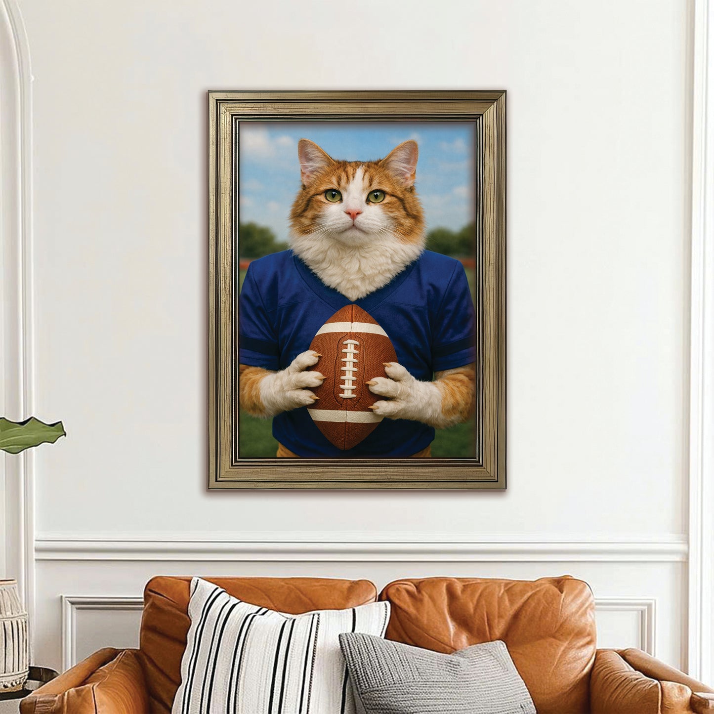 Custom Photo Football Player Cat Canvas Framed Wall Art  Gift For Cat Lovers