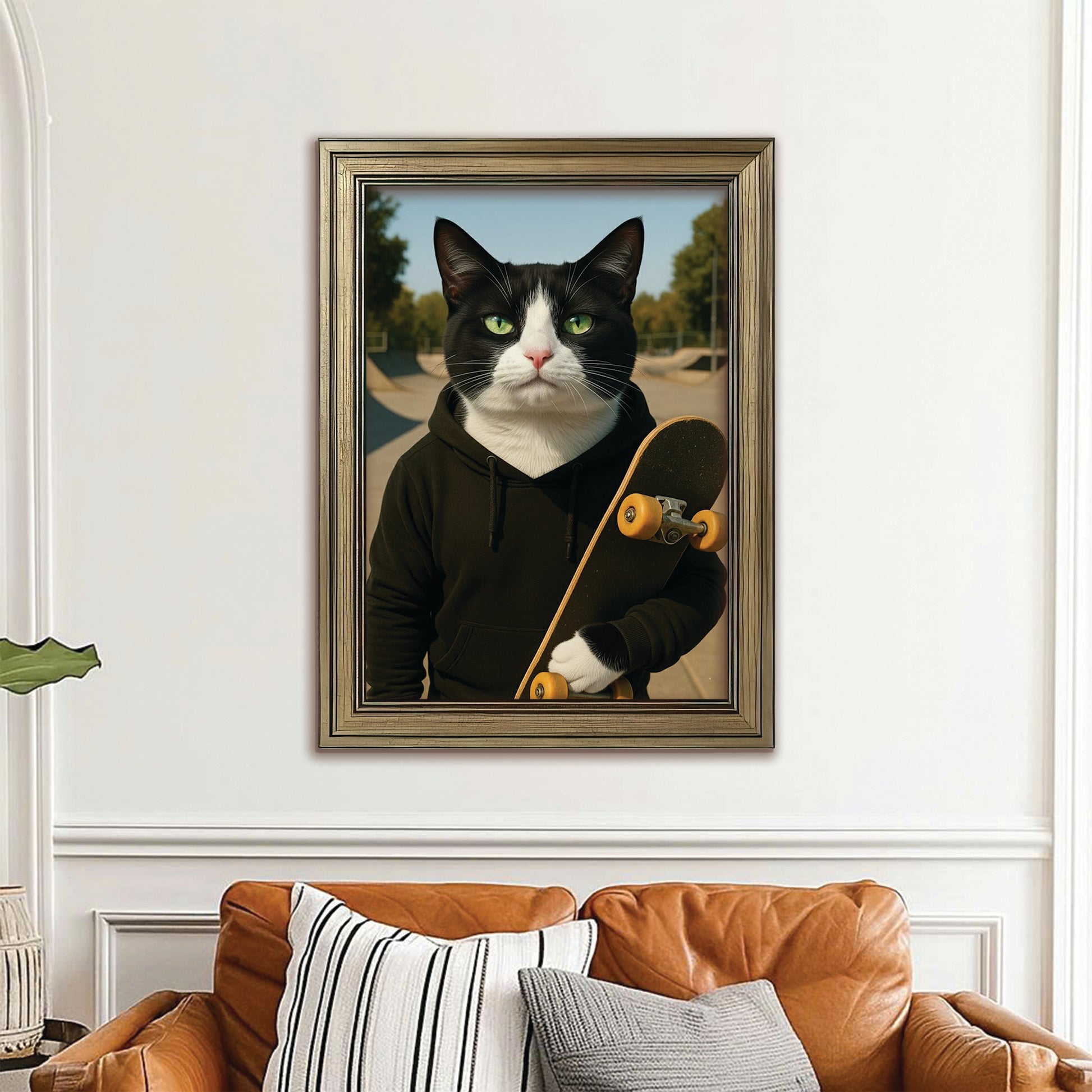 Custom Photo Skater Skateboard Canvas Framed Wall Art Gift For Cat Lovers