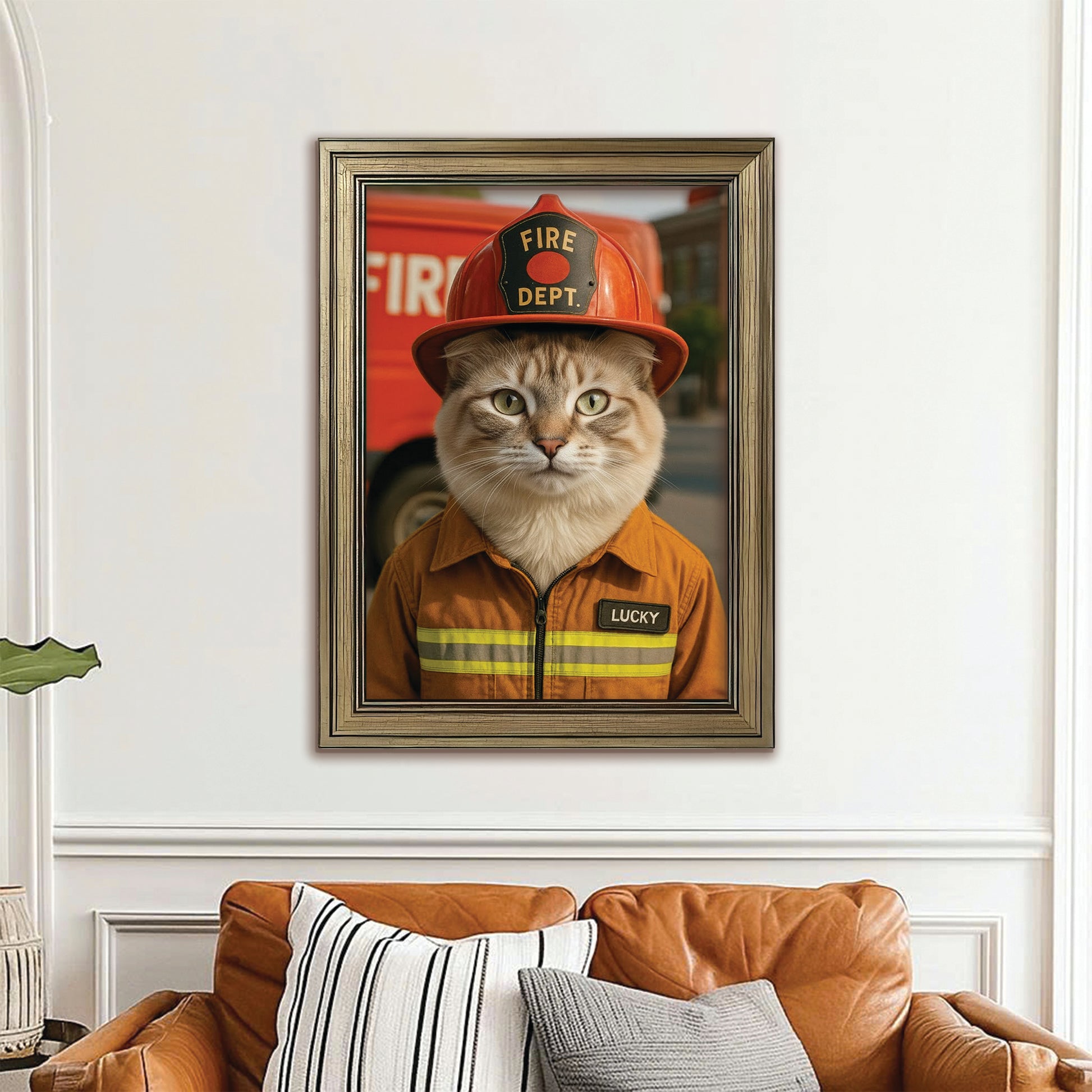 Custom Photo Fire Fighter Cat Canvas Framed Wall Art  Gift For Cat Lovers