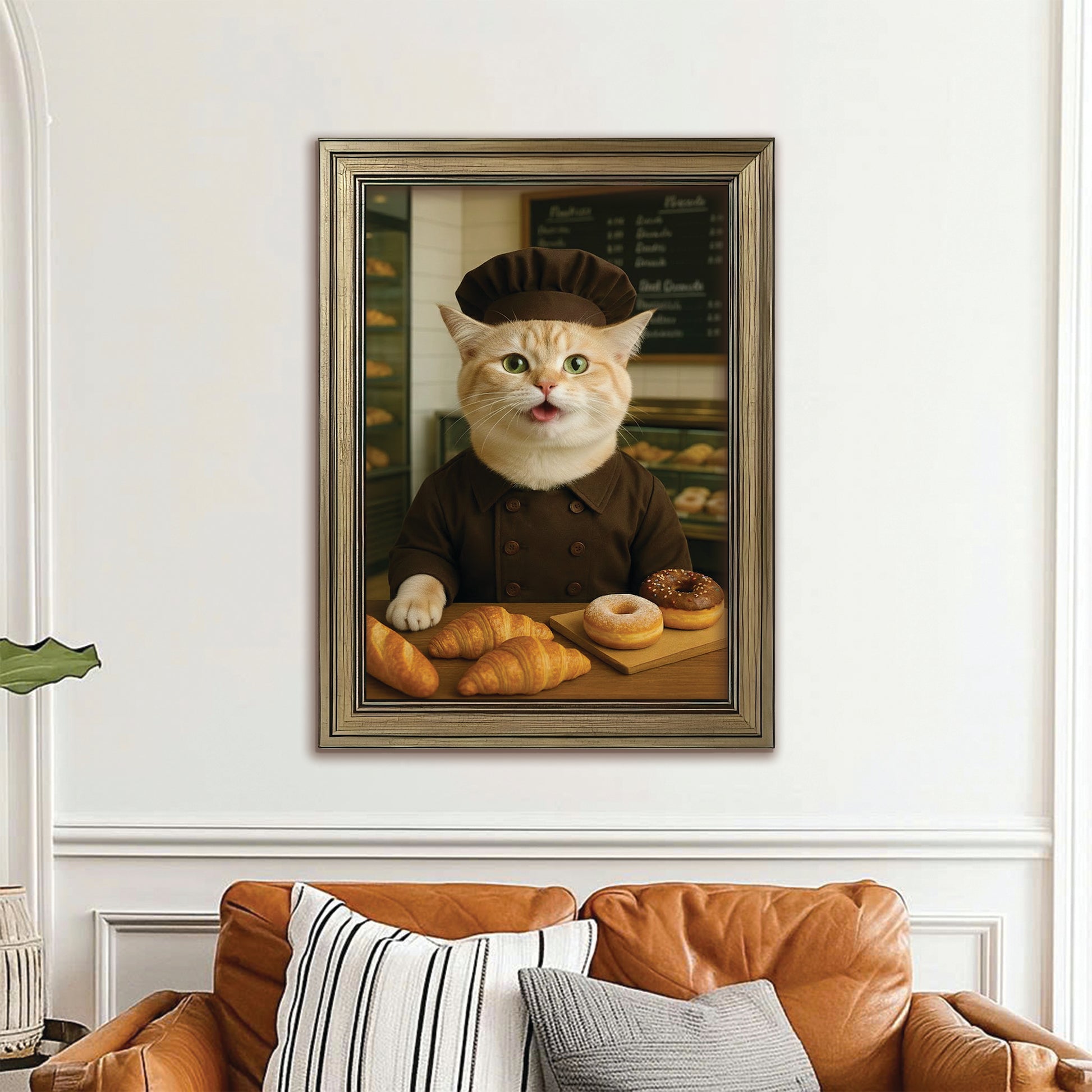 Custom Photo Baker Corgi Cat Canvas Framed Wall Art Gift For Cat Lovers