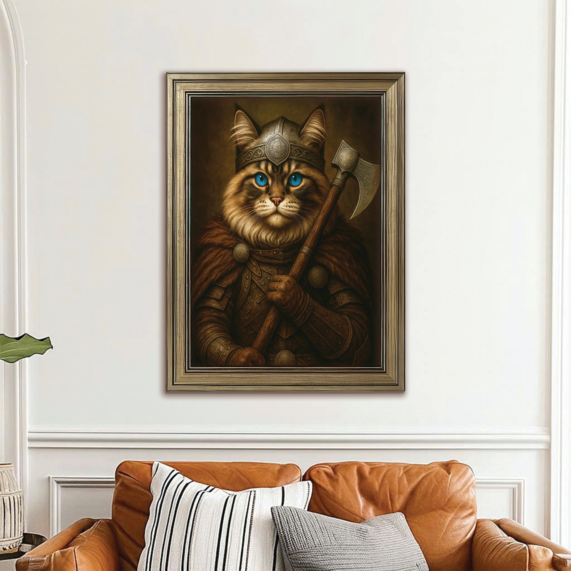 Custom Cat Photo Viking Warrior Canvas Framed Wall Art _ Gift For Cat