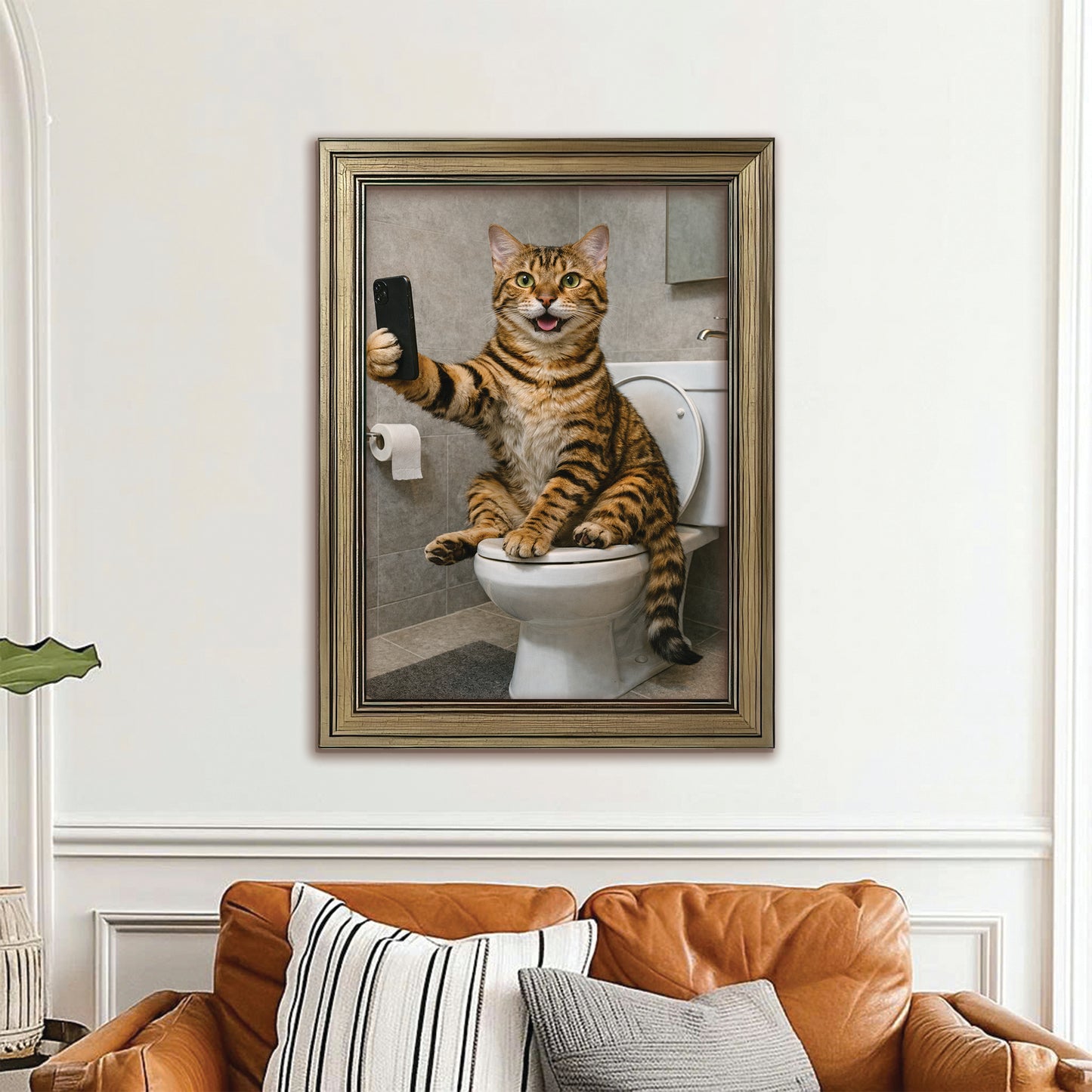Custom Photo Cat Sefie Bathroom Canvas Framed Wall Art Gift For Cat Lover
