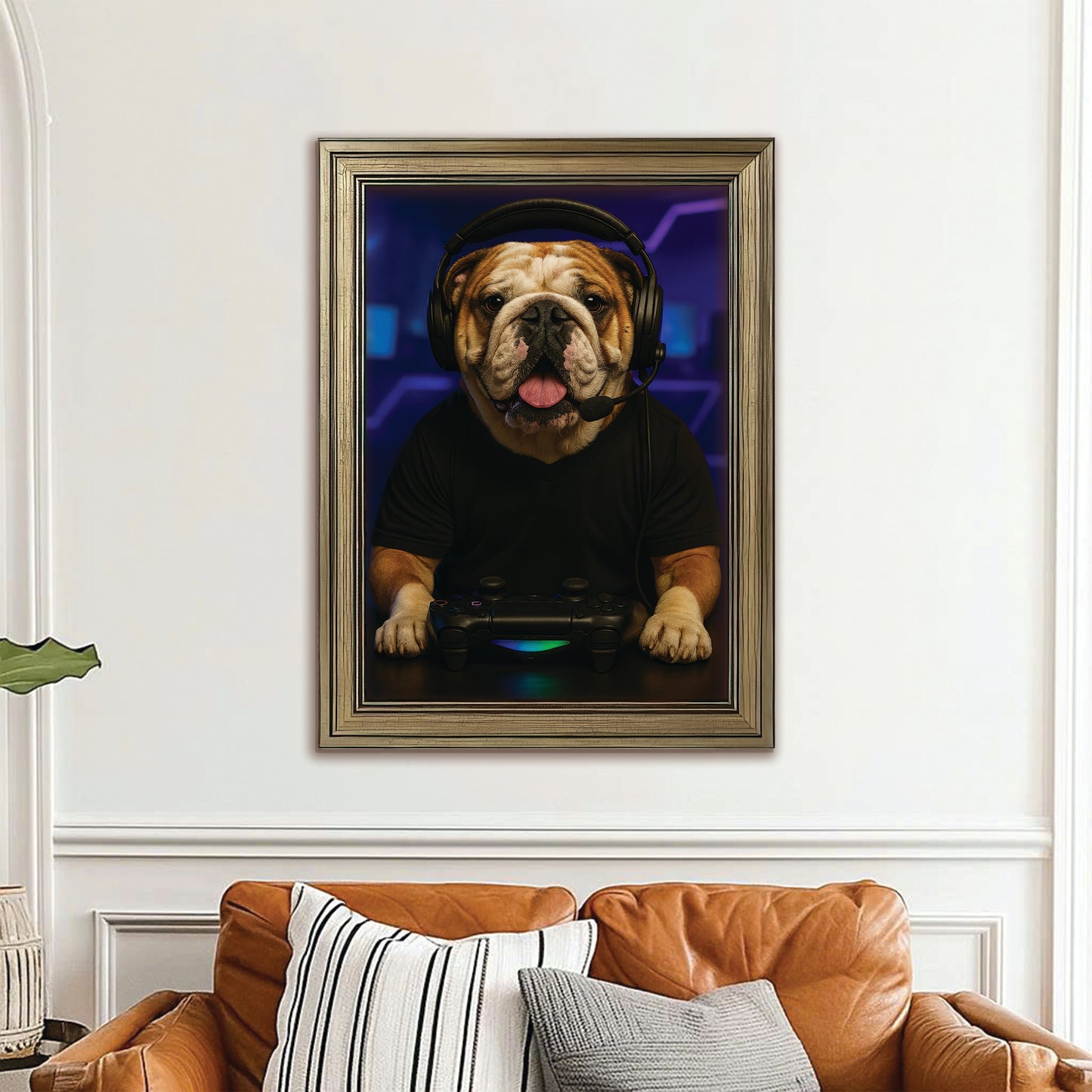 Custom Photo Gamer Dog Canvas Framed Wall Art Gift For Dog Lovers