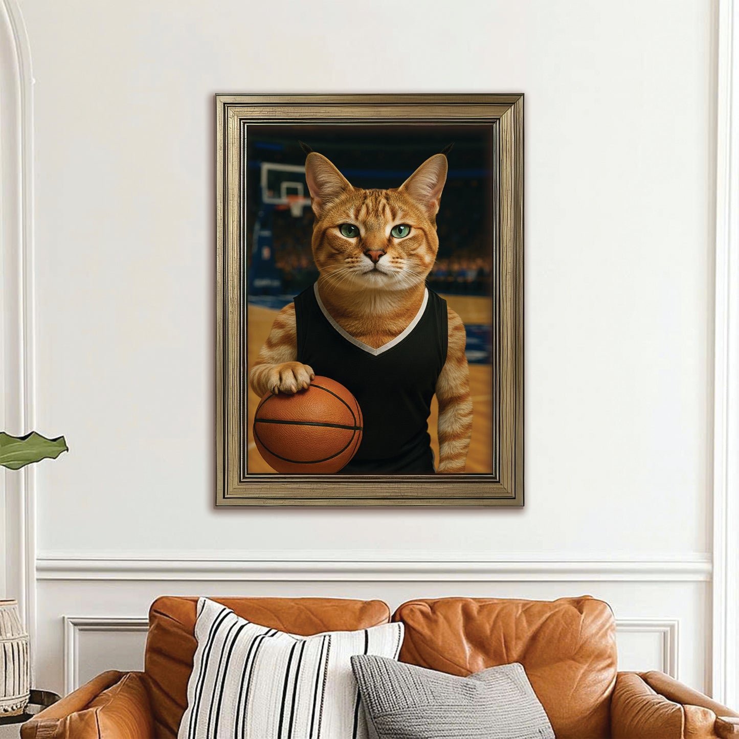 Custom Photo Basketball Player Cat Canvas Framed Wall Art Gift For Cat Lovers