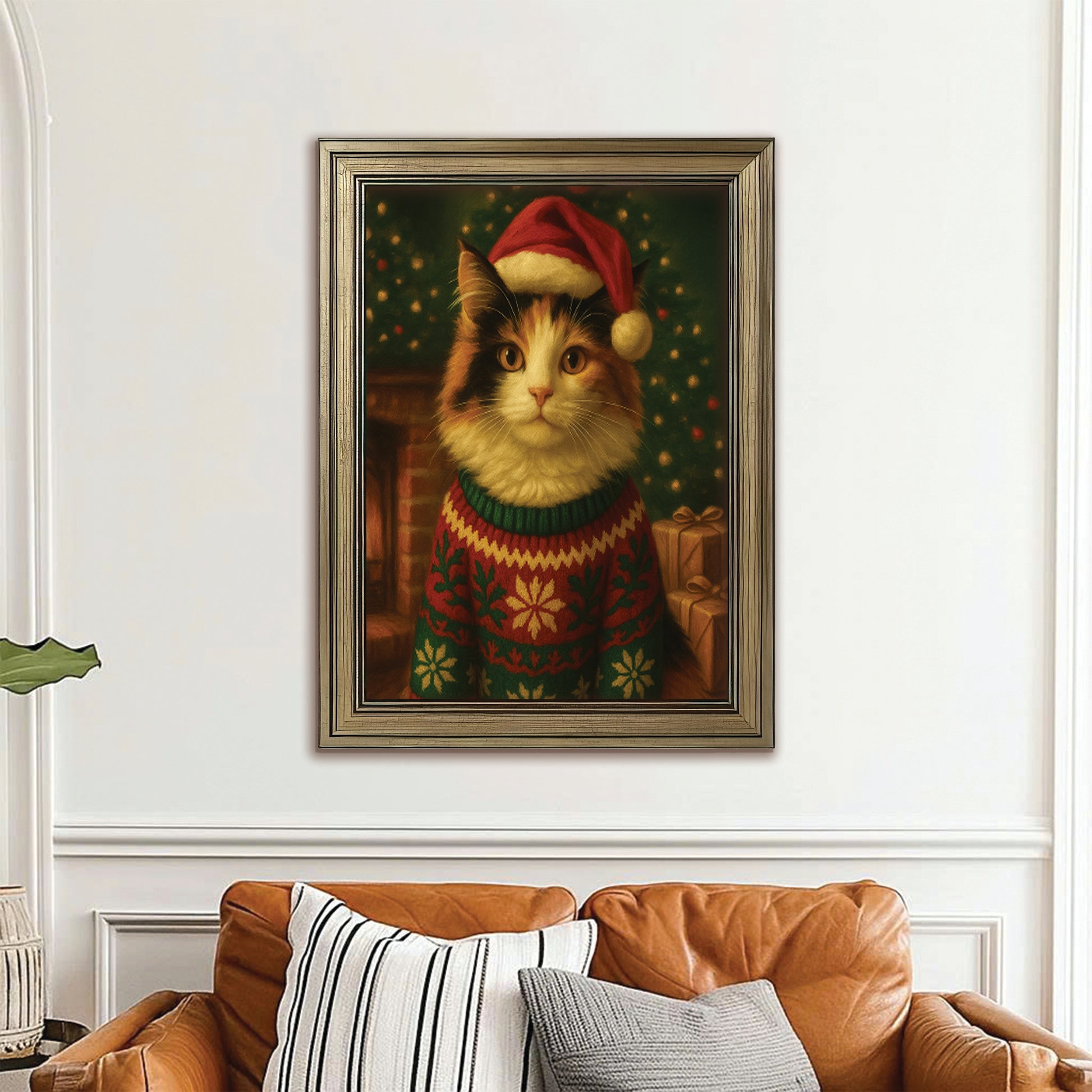 Custom Photo Cat Christmas Oufit Canvas Framed Wall Art
