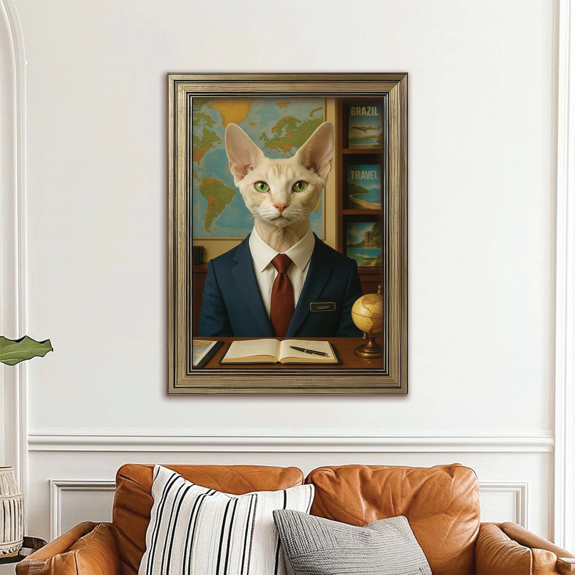 Custom Photo Travel Agent Cat Canvas Framed Wall Art Gift For Cat Lovers