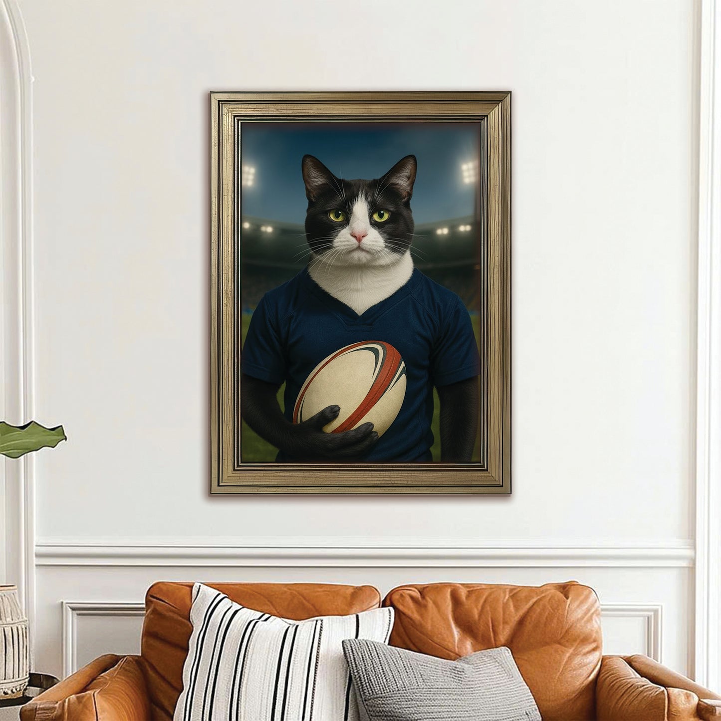 Custom Cat Rugby Sport Cat Canvas Framed Wall Art Gift For Cat Lovers