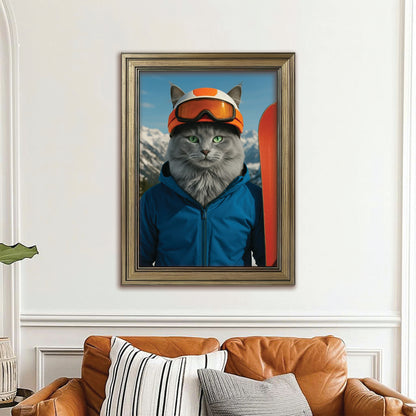 Custom Photo Snowboarder Cat Canvas Framed Wall Art Gift For Cat Lovers