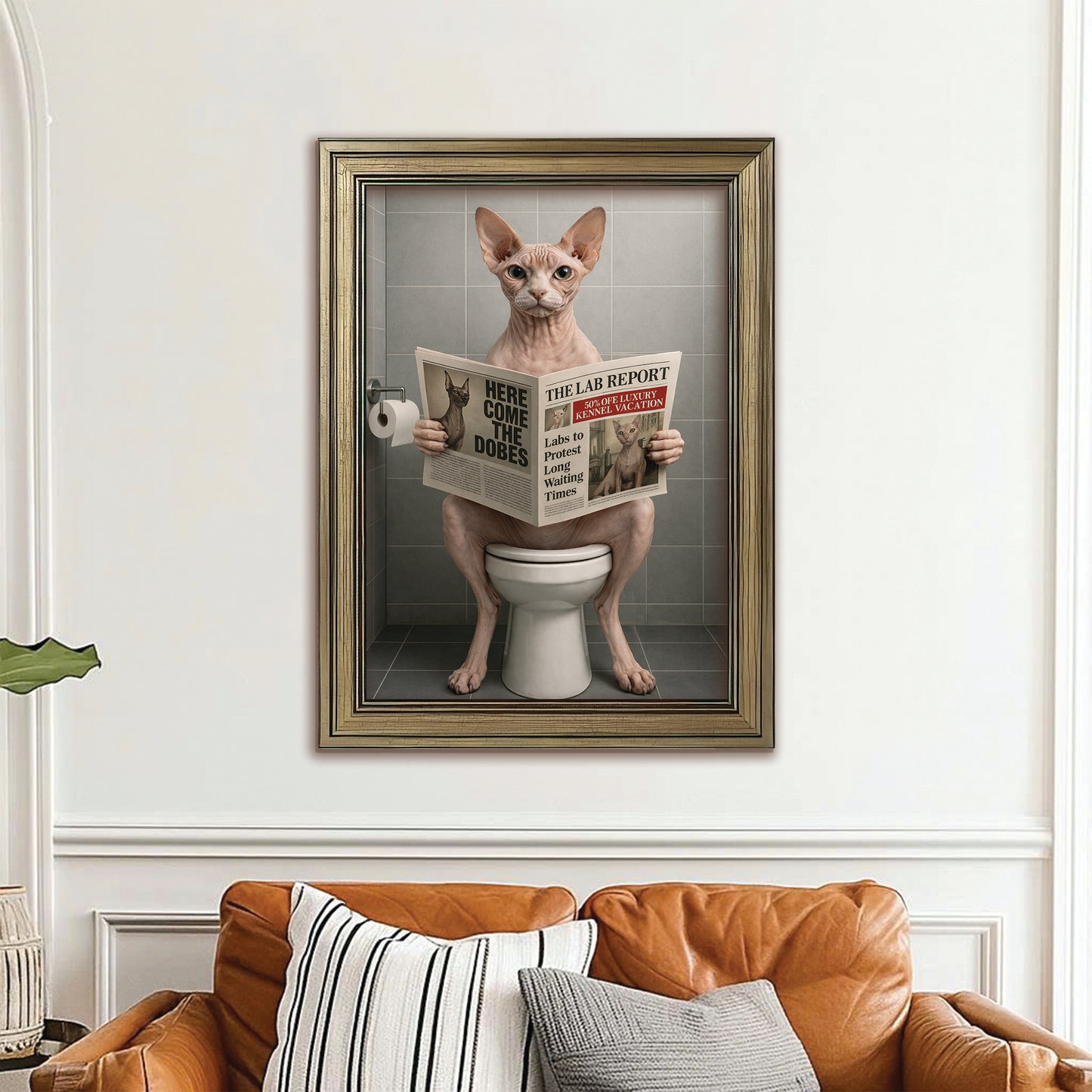 Custom Photo Cat Bathroom Canvas Framed Wall Art Style 03 Gift For Cat Lovers