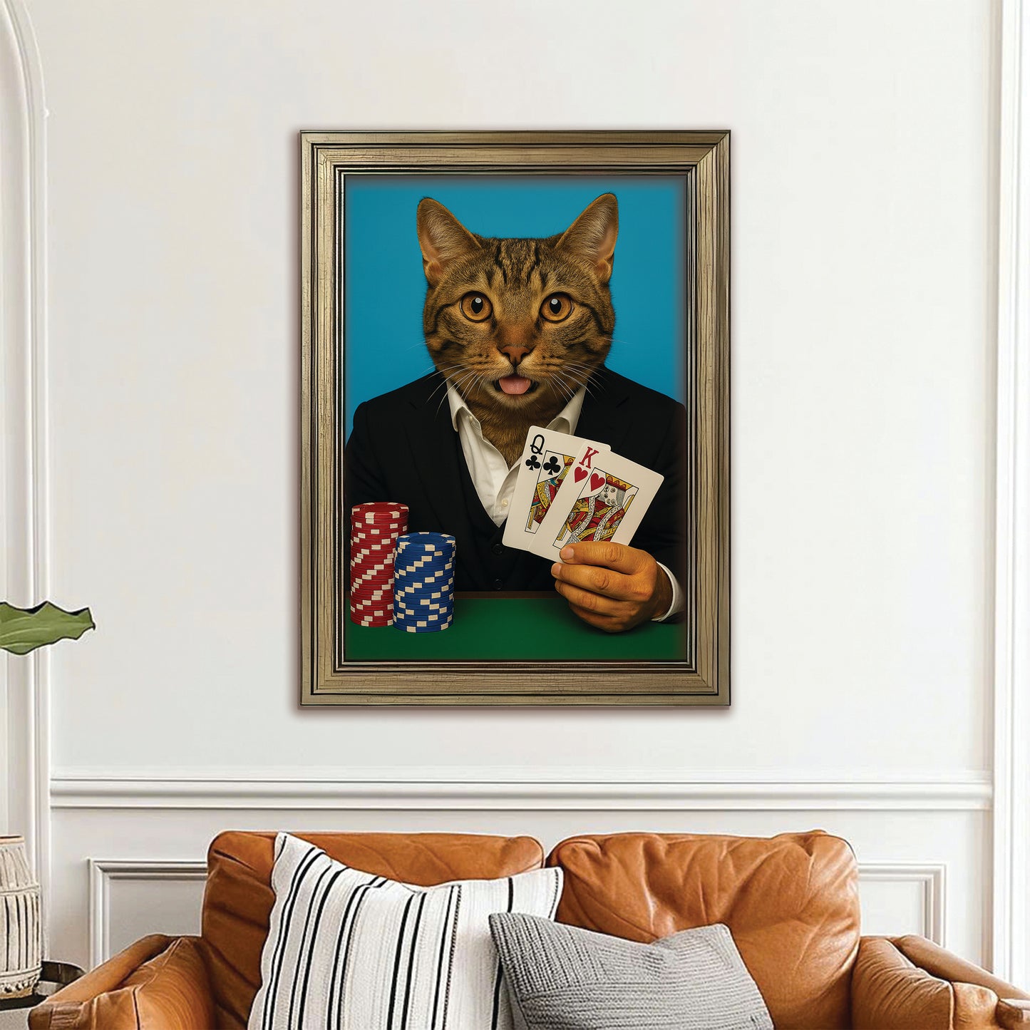 Custom Photo Poker Player Cat Canvas Framed Wall Art Gift For Cat Lovers