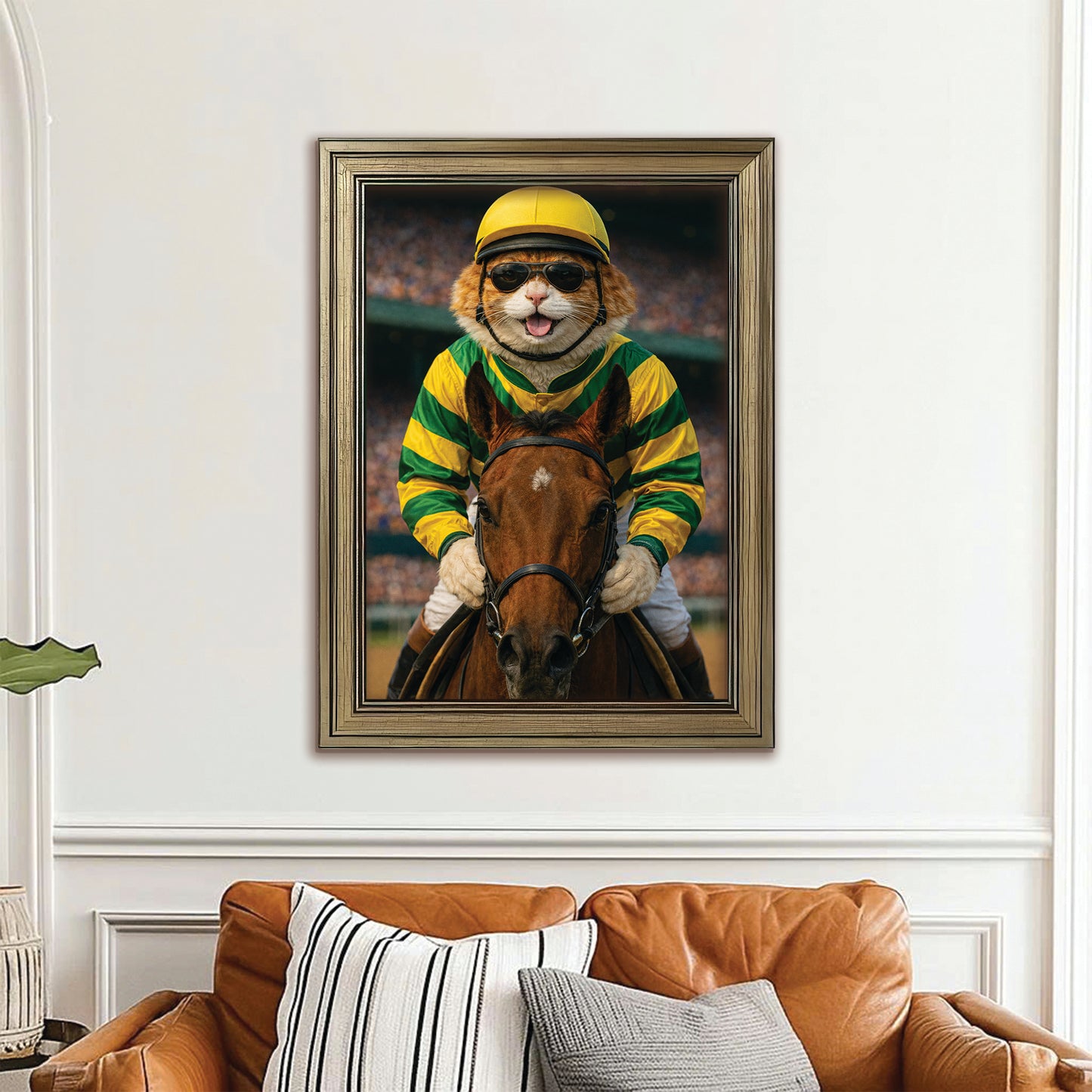 Custom Photo Jockey Horse Racing Cat Canvas Framed Wall Art  Gift For Cat Lovers